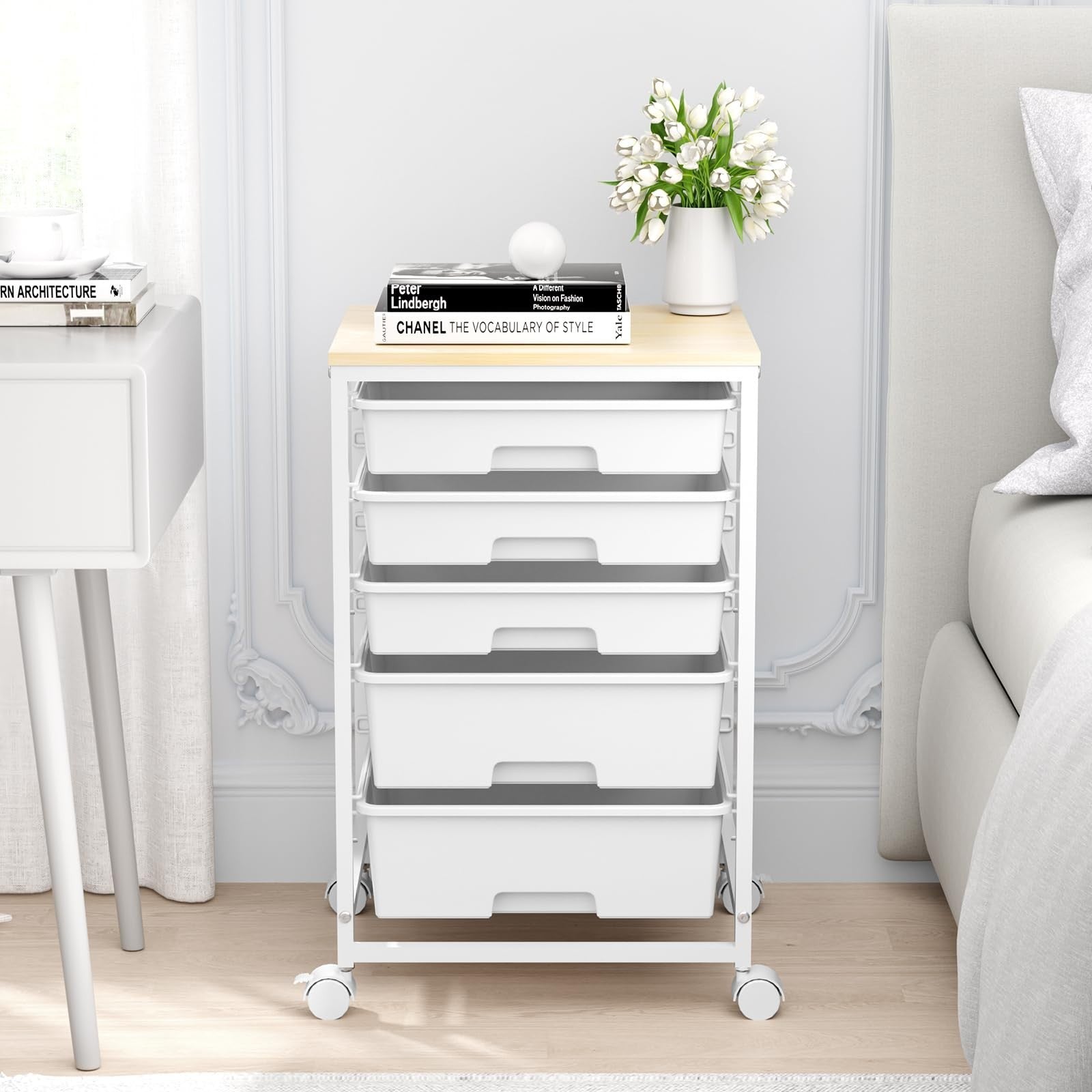 5 Drawer Utility Cart with Wooden Top, Lockable Wheels, Rolling Craft Storage Tr2