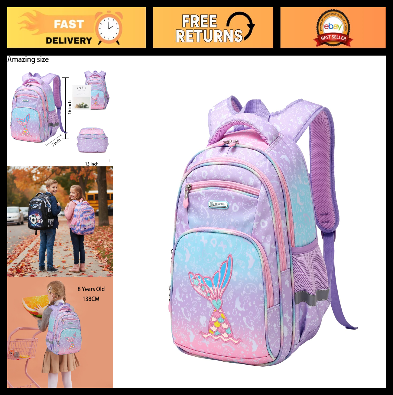 Lightweight Waterproof School Backpack for Kids, Large Capacity, Fun Prints, 160