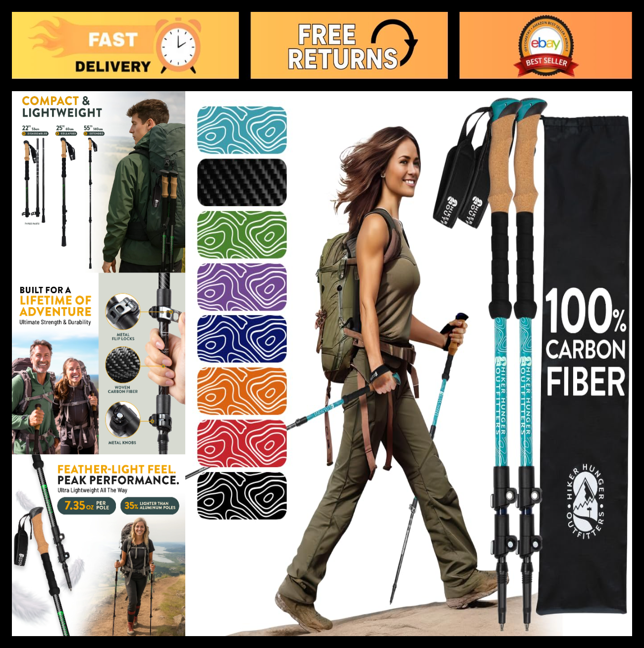 Lightweight Carbon Fiber Trekking Poles - Collapsible Hiking Sticks with Cork Gr0