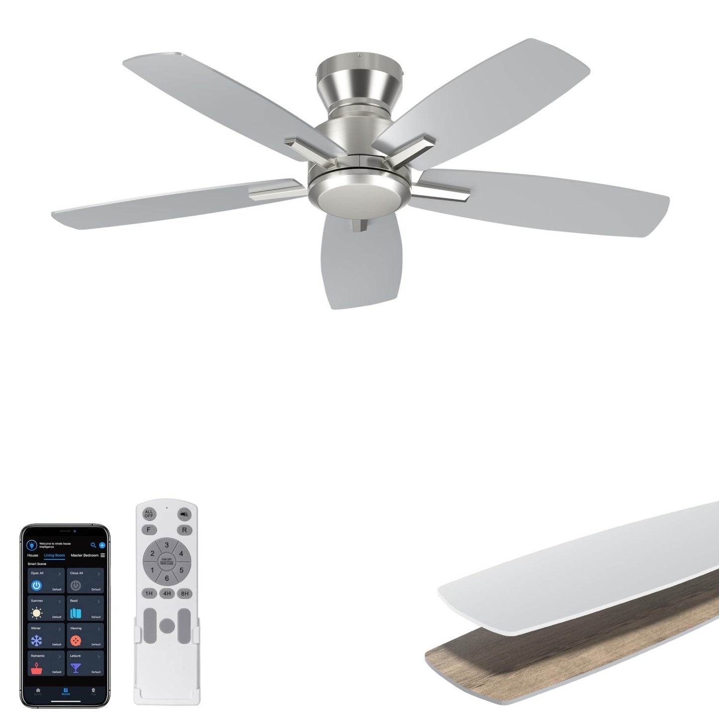 42" Low Profile Ceiling Fan   No Light, Flush Mount, Remote/App Control, Quiet D1