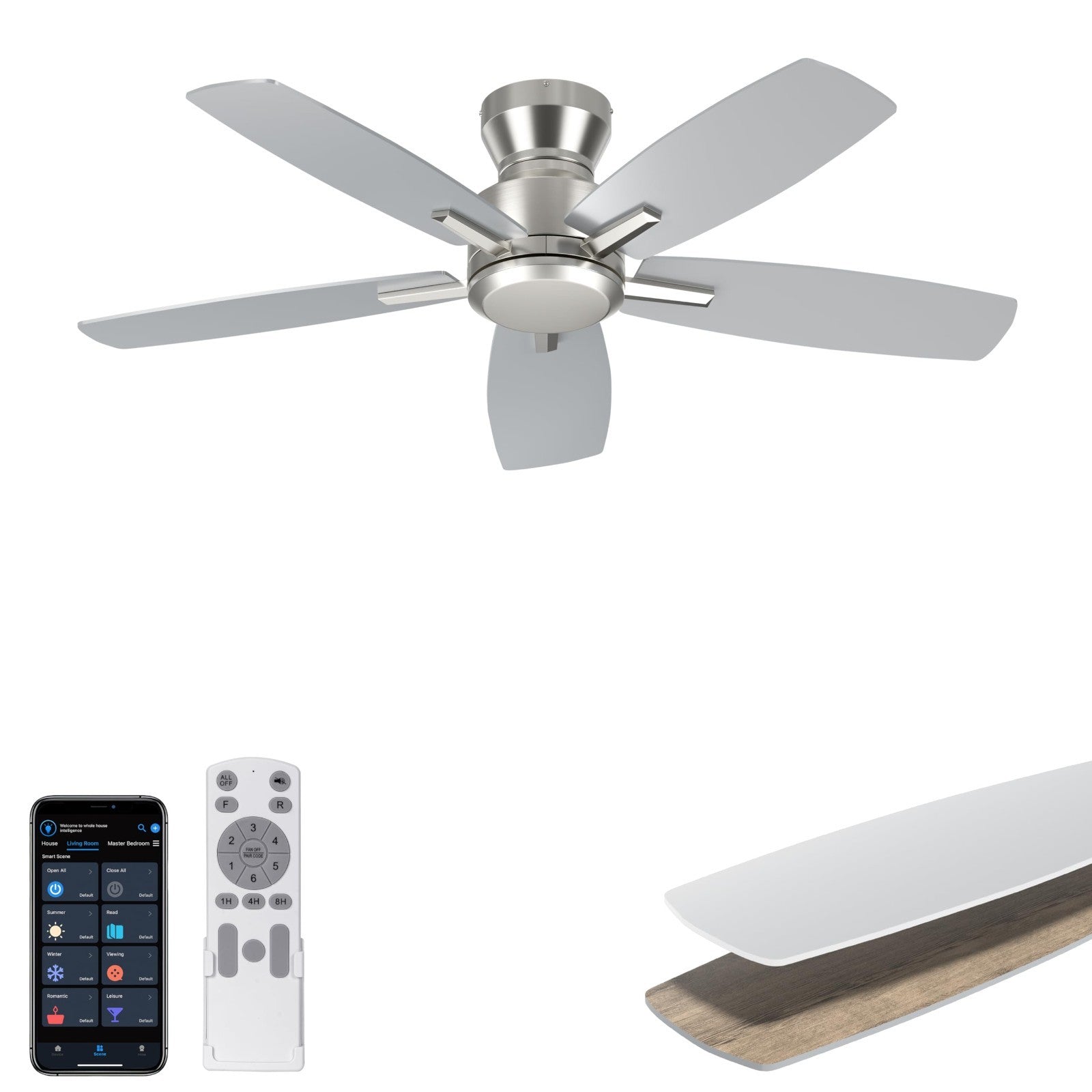 42" Low Profile Ceiling Fan   No Light, Flush Mount, Remote/App Control, Quiet D1