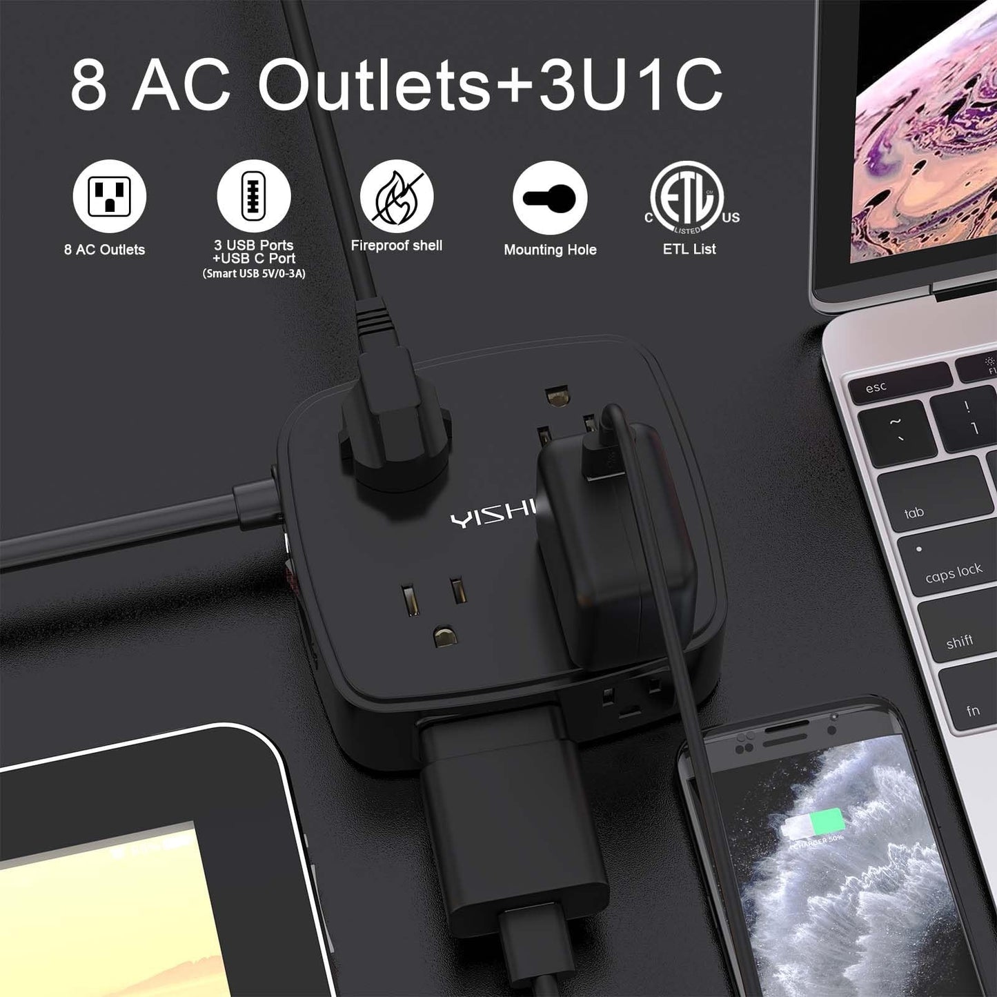 10Ft Surge Protector Power Strip, 8 Outlets & 4 USB Ports, Flat Plug, Wall Mount2