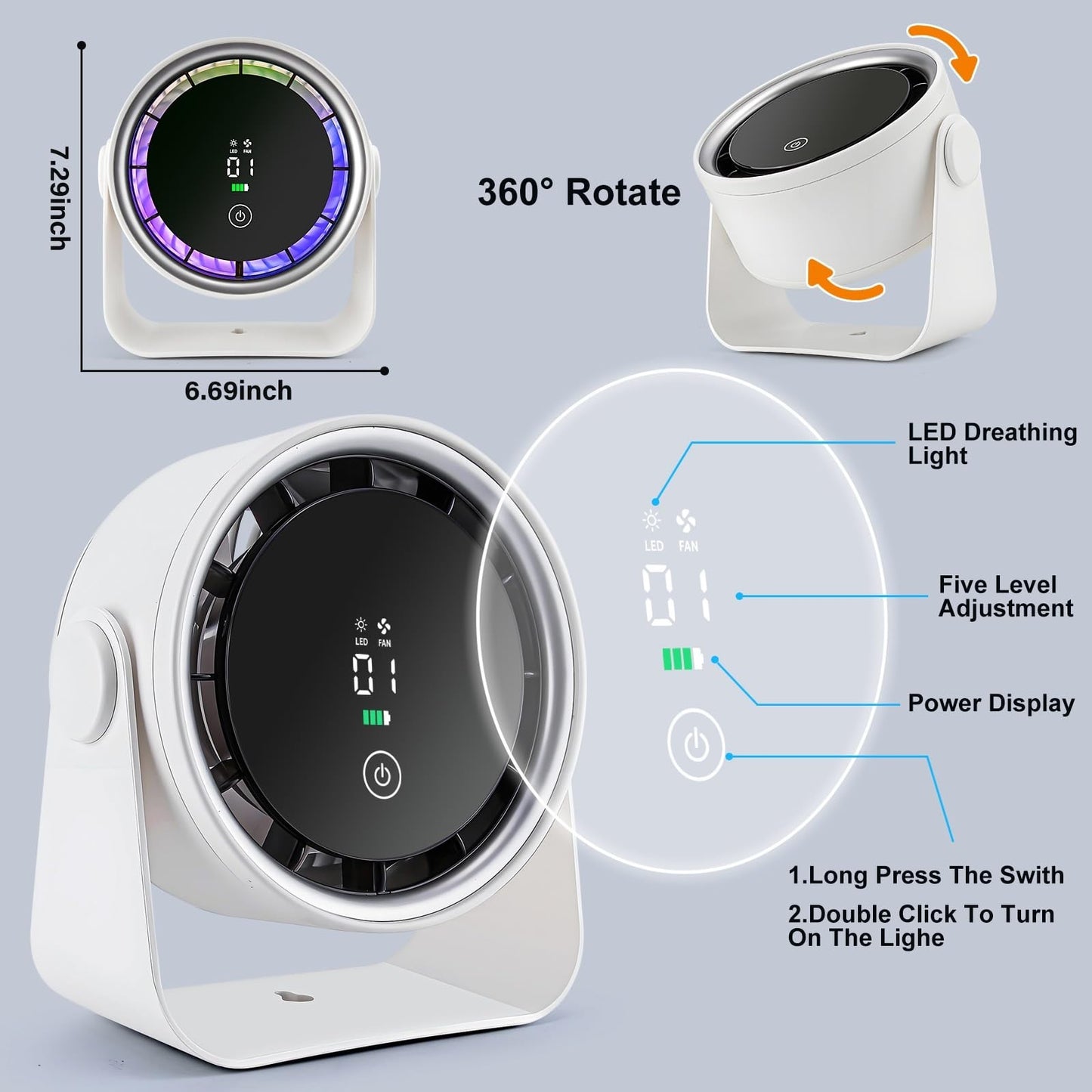 Rechargeable Small Desk Fan 5000mAh   Quiet Portable, 5 Speed, LED Light, 360° R6