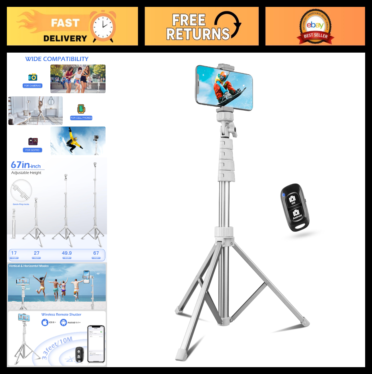 67" Adjustable Phone Tripod & Selfie Stick, Wireless Remote, Compatible with iPh0