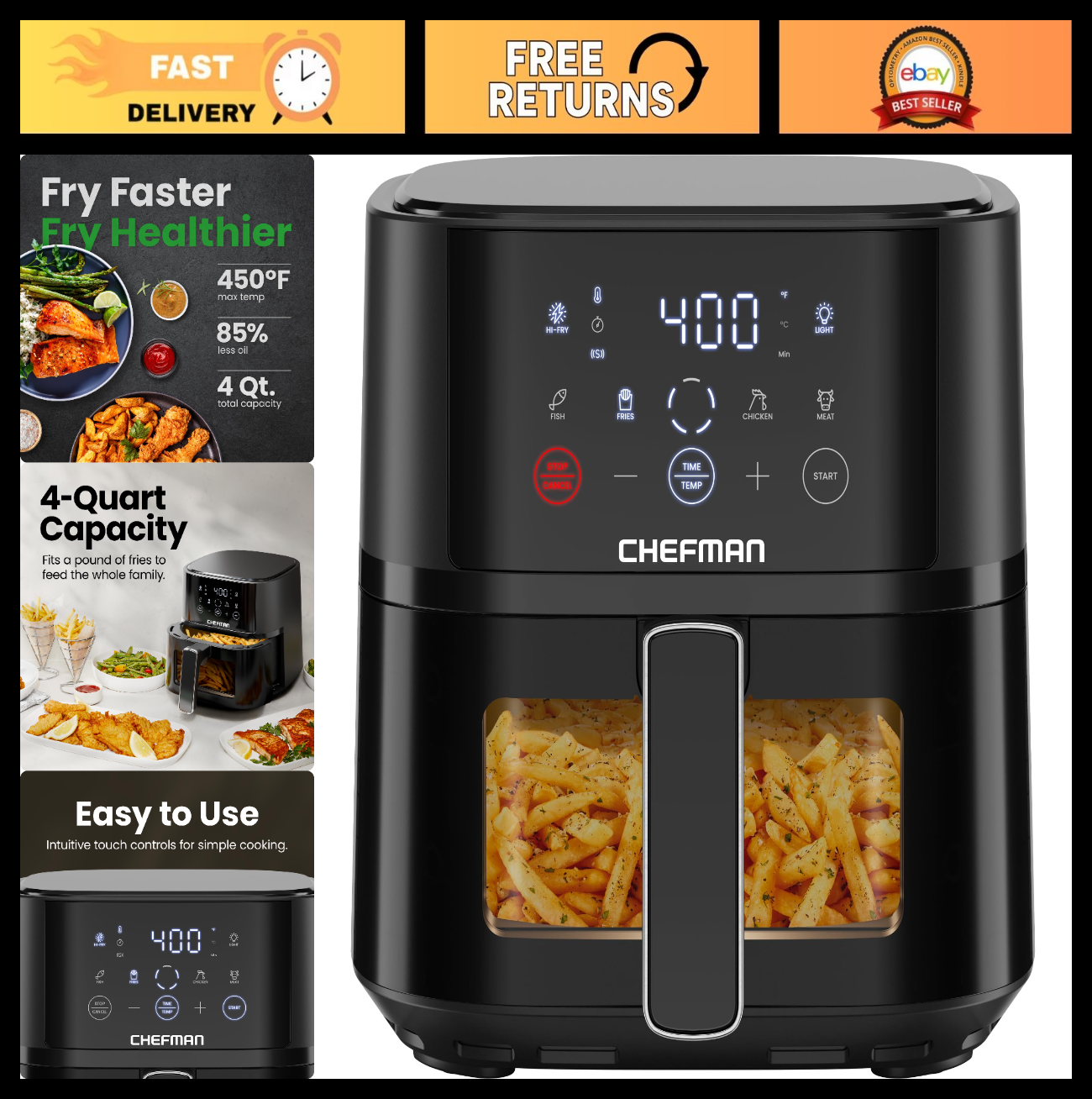 4QT Compact Air Fryer with Hi Fry Technology, Touch Controls & Easy View Window0