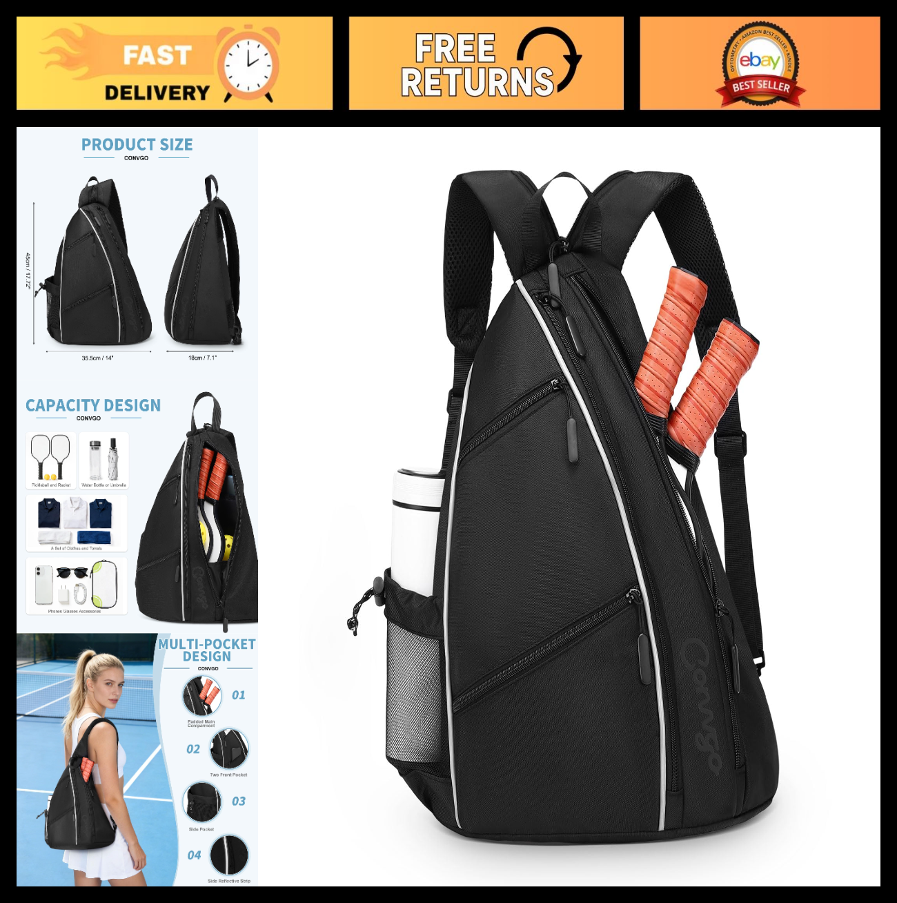 Adjustable Pickleball Backpack & Sling Bag - 2-in-1 Sports Bag for Tennis0