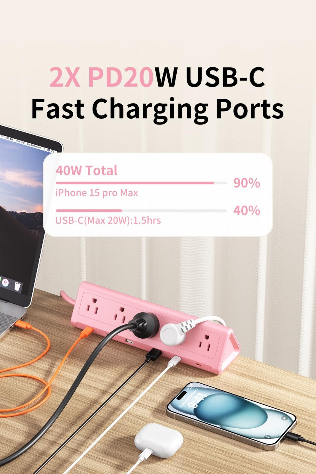 6.5FT Desk Clamp Power Strip   5 AC Outlets, 6 USB Ports, PD 40W Fast Charging,3