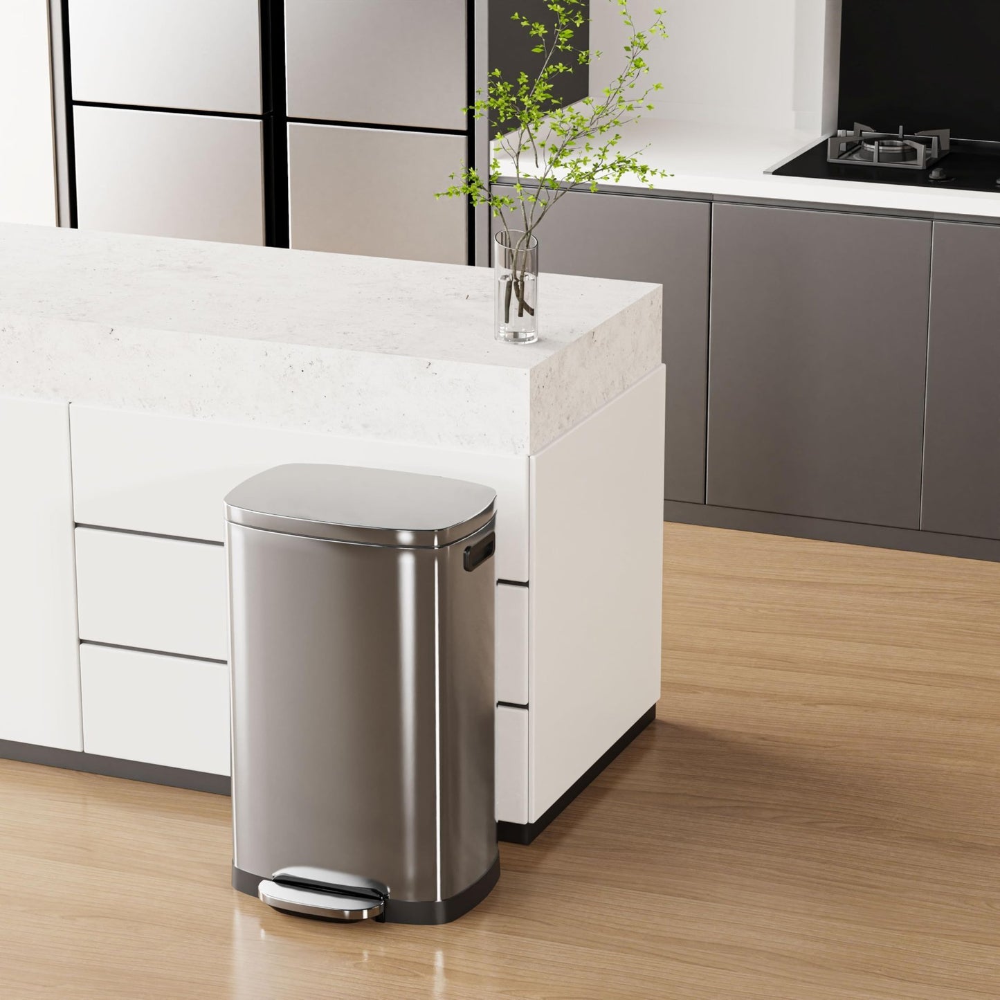 Stainless Steel 13 Gal Kitchen Trash Can with Soft Close Lid, Pedal & Removable2