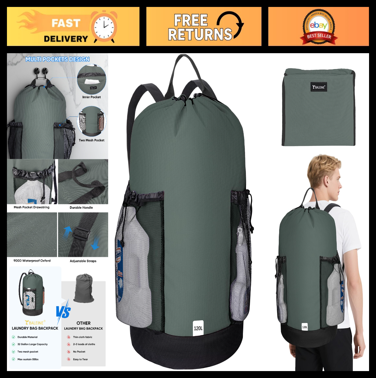Large 120L Laundry Backpack Bag - Durable Oxford Fabric, Shoulder Straps & Mesh0