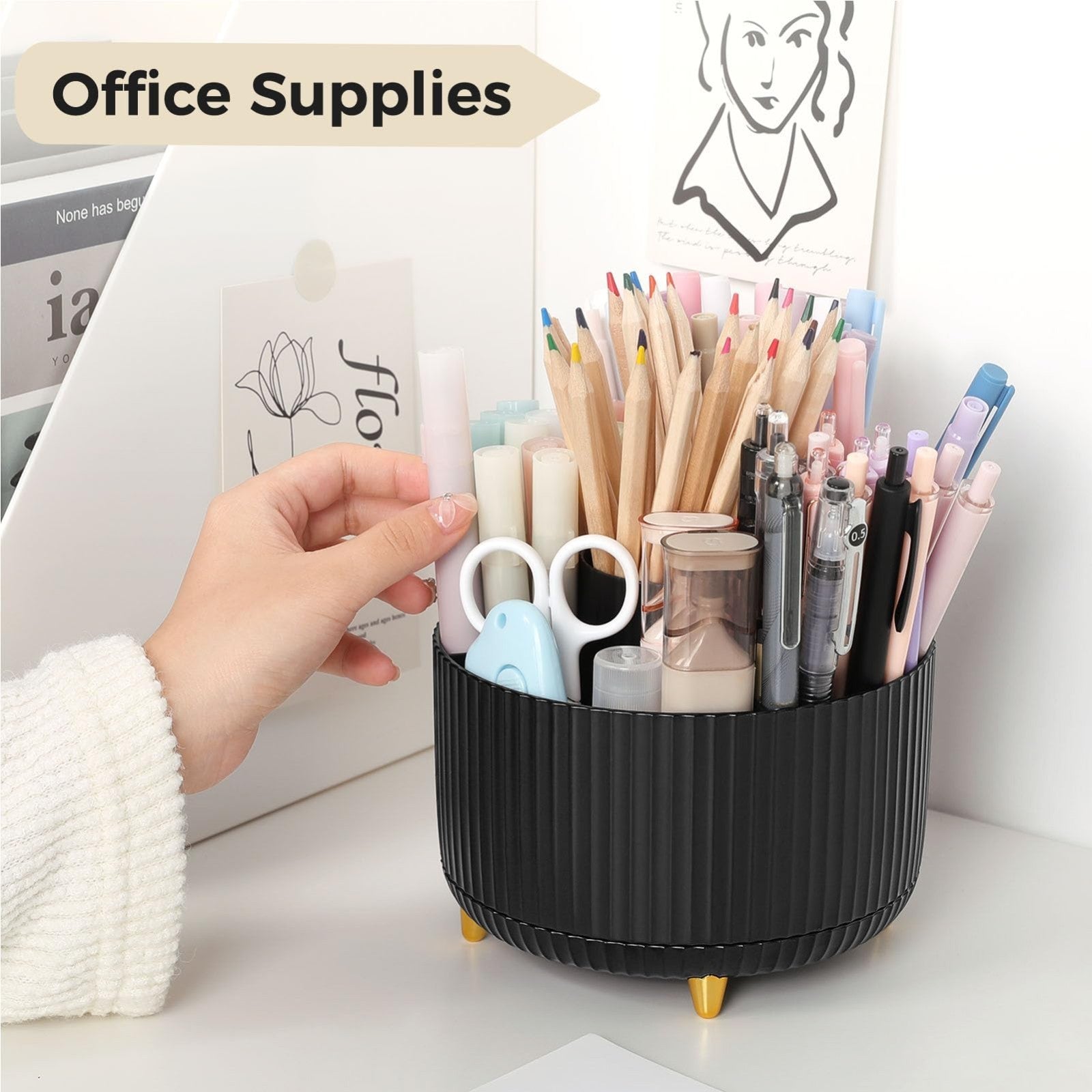 2 Pack 360° Rotating Pen Holder, Desk Organizer with 5 Slots, Office & School Su3