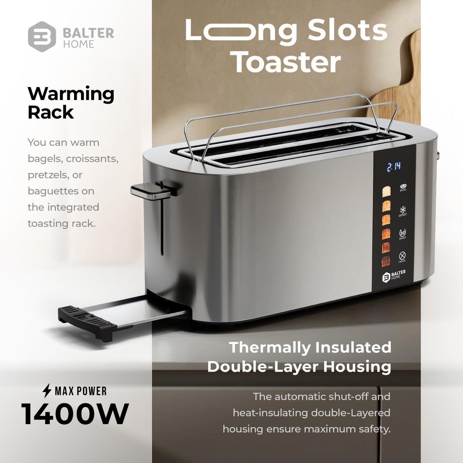 4 Slice Stainless Steel Toaster with Wide Slots, Bagel Function & Touch Screen7