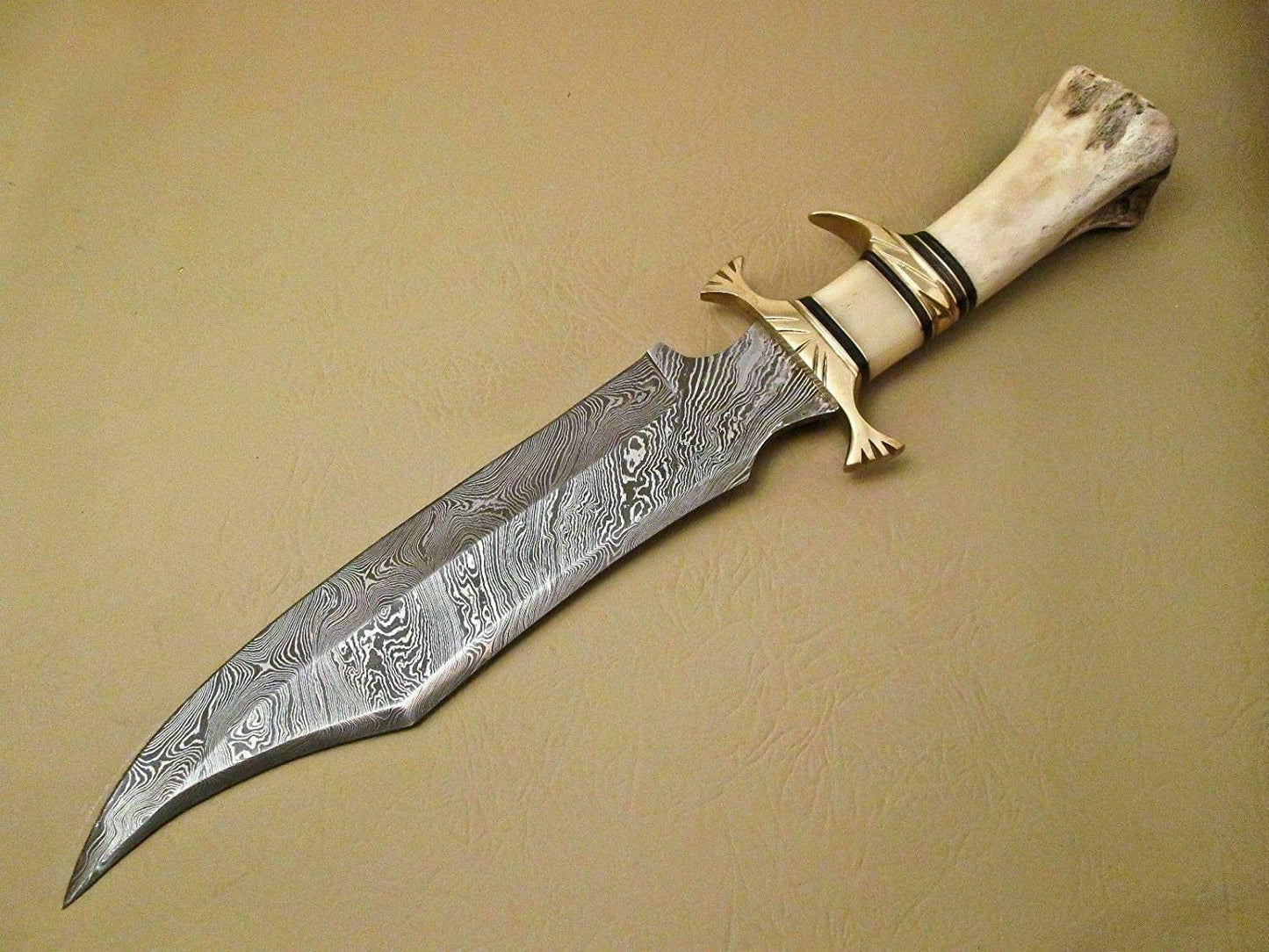 Custom Handmade Damascus Steel Hunting Knife with Camel Bone Handle - Unique Gif2