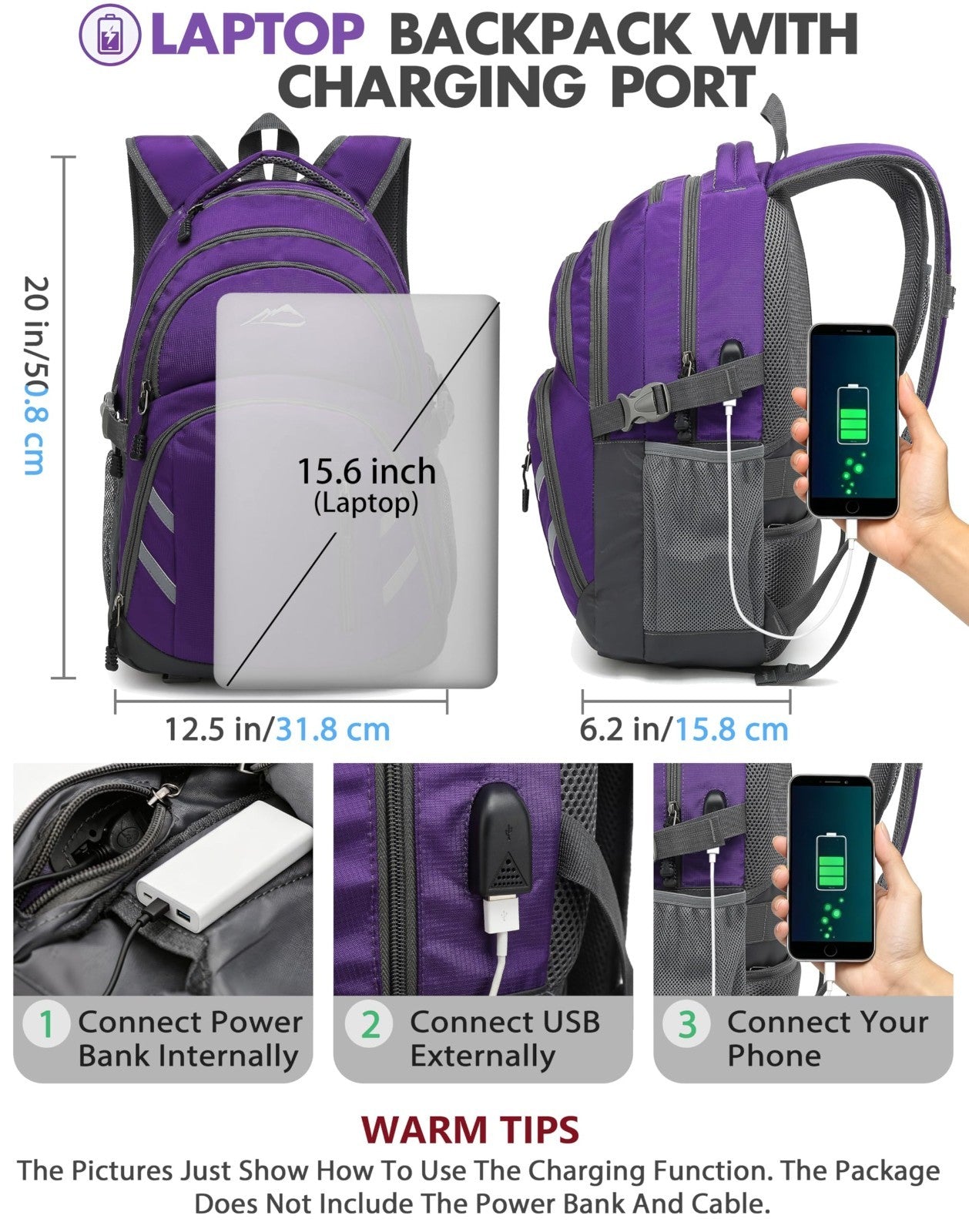 College Laptop Backpack with USB Charging Port, Anti Theft, Fits 15.6" Laptops,3