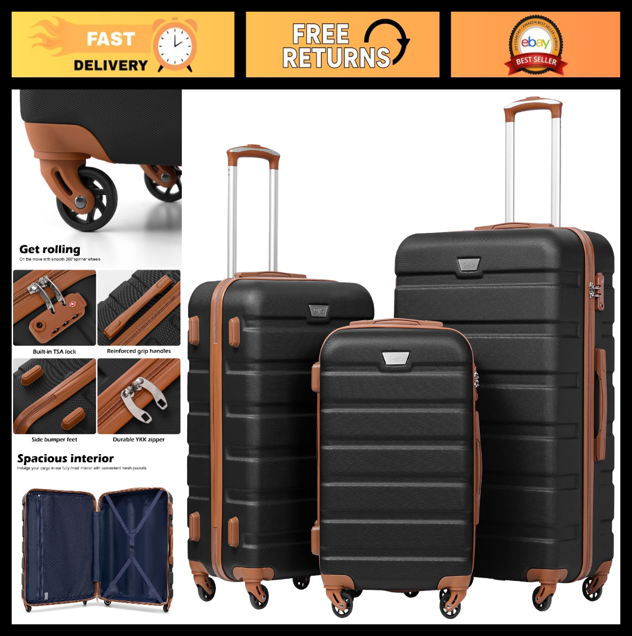 Lightweight 3-Piece Hardshell Luggage Set, 360° Spinner Wheels, TSA Lock, Aprico0