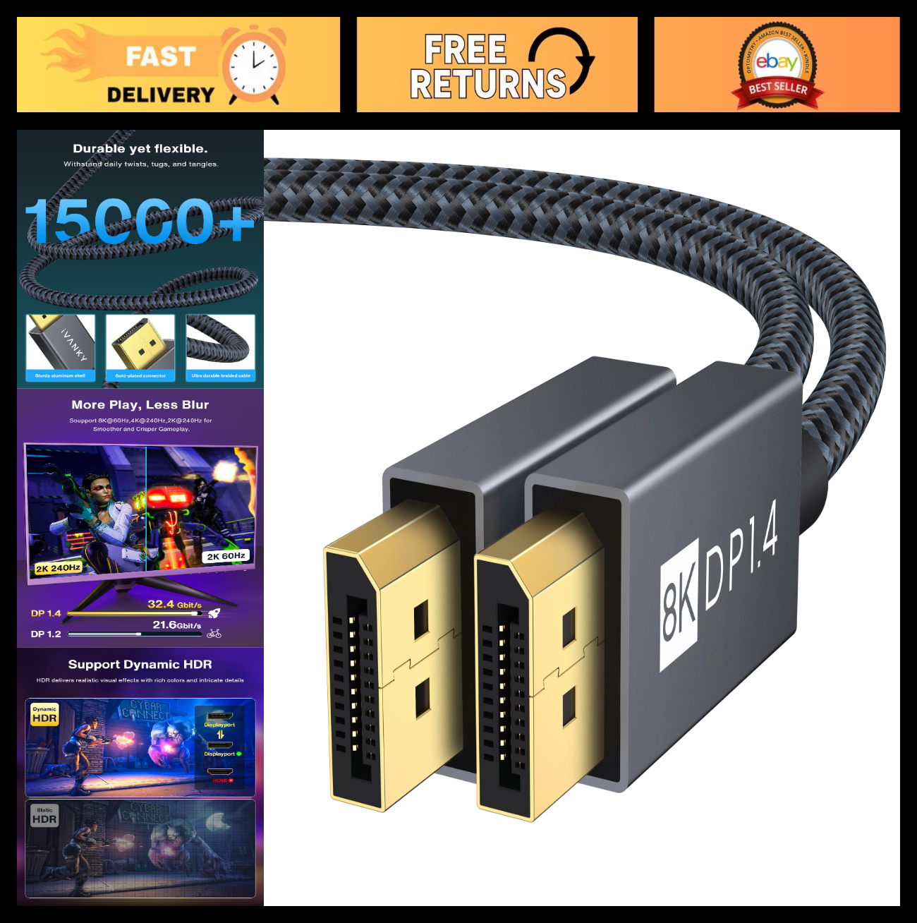 8K DisplayPort Cable 1.4, 6.6ft DP to DP Cord, 32.4Gbps, Supports HDR10, Gaming0
