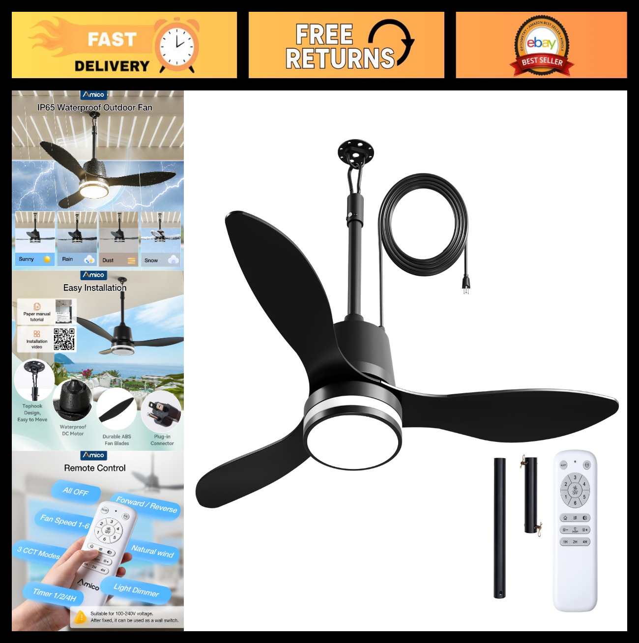 42" Outdoor Ceiling Fan with Lights, Waterproof Gazebo Fan, Remote Control, 6 Sp0