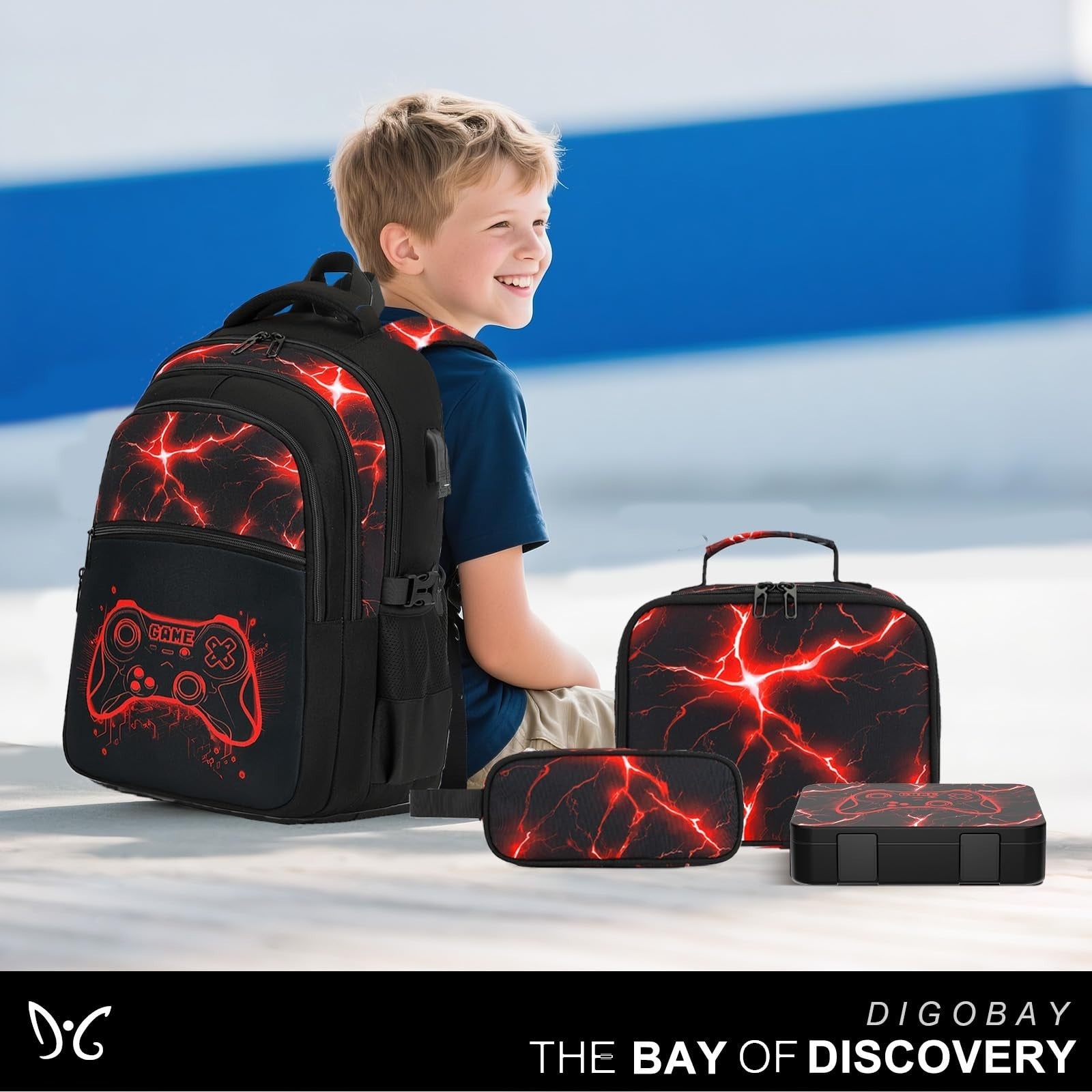 Cool Luminous Gamer Backpack Set for Boys   6PCS with Lunch Bag & Pencil Case, S7