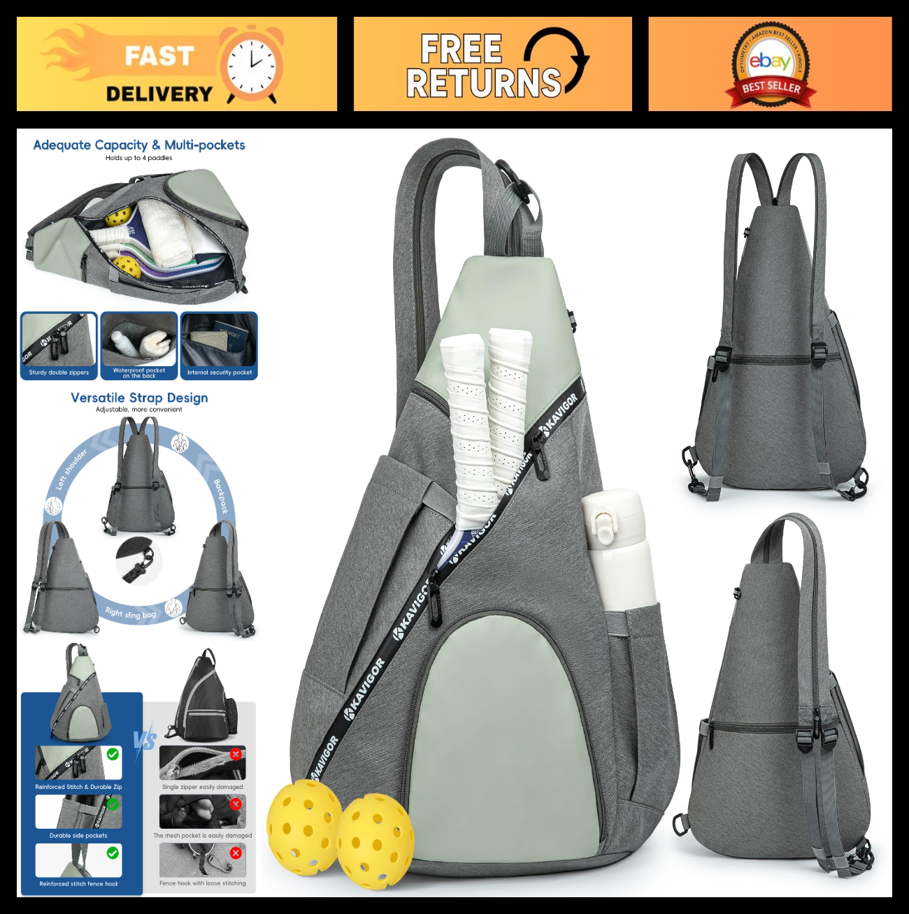 Lightweight Pickleball Sling Bag with 7 Pockets, Water-Resistant & Detachable St0