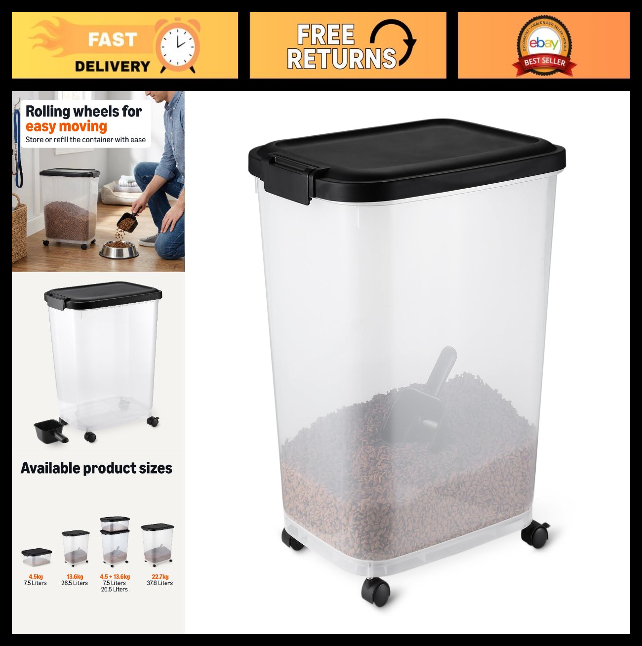 Pet Food Storage Container with Wheels, BPA-Free, 30lbs Capacity, Detachable Sco0