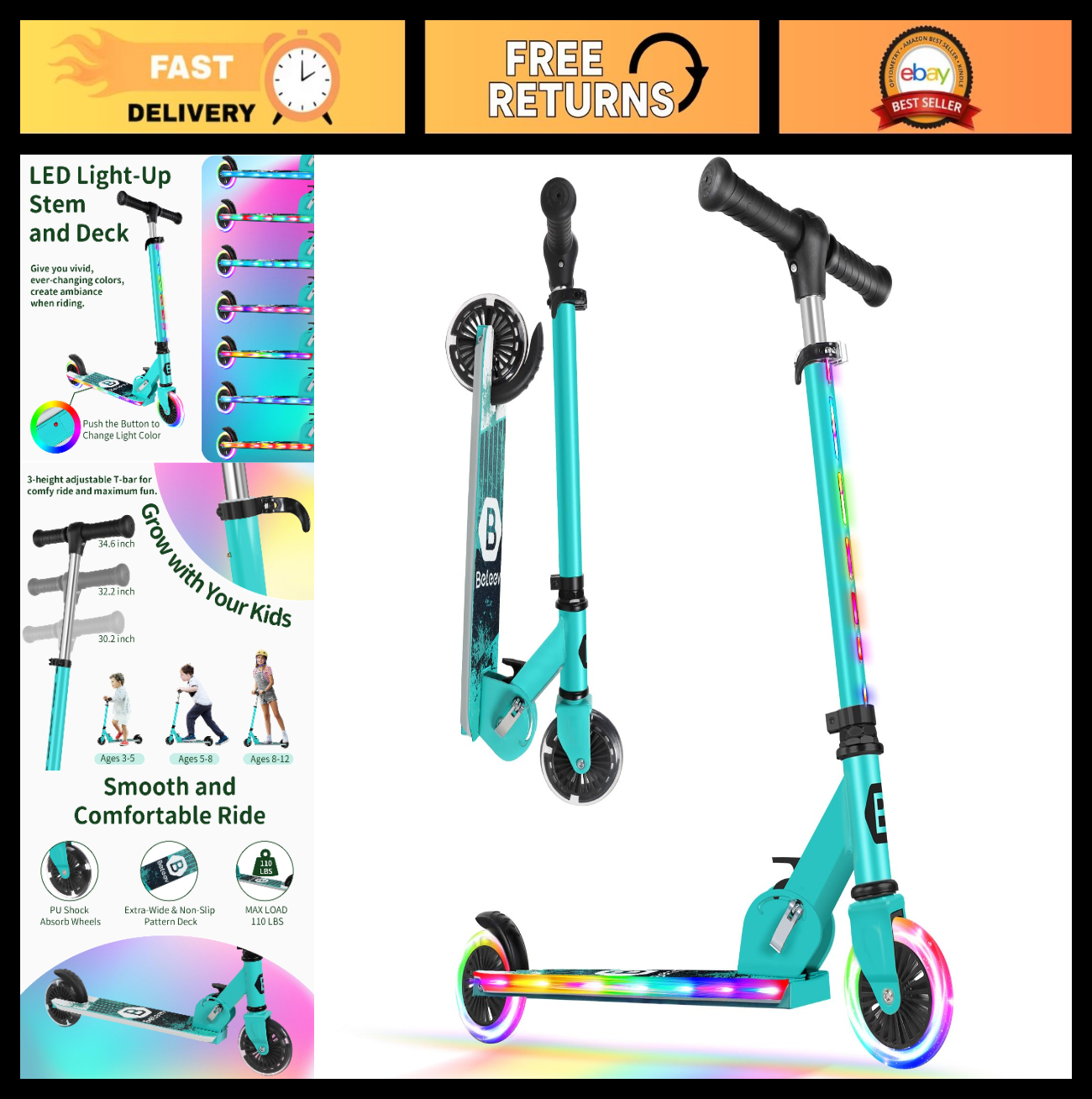 Light-Up Wheels Kids Scooter, 2-Wheel Folding Kick Scooter, Adjustable Height, N0