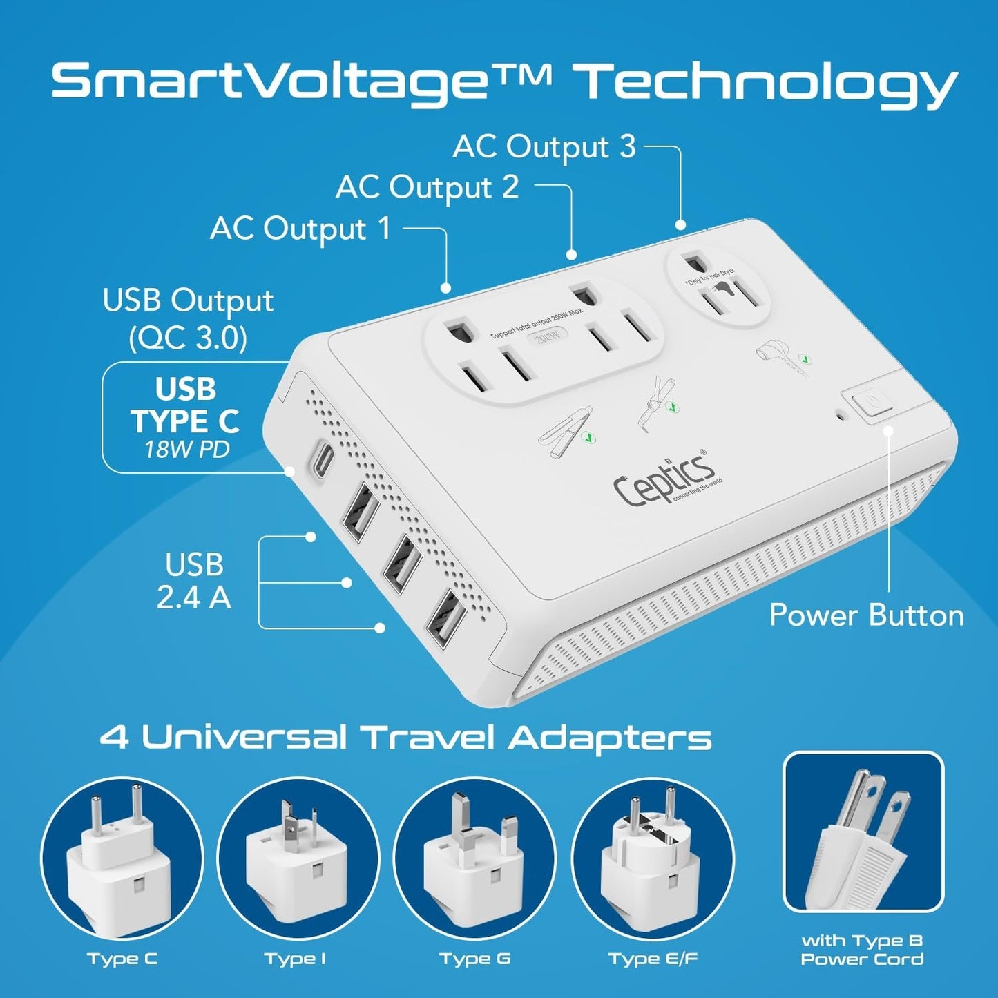 220V to 110V Voltage Converter, 2x 200W & 1x 2000W Outlets, USB-C PD 18W, Travel3