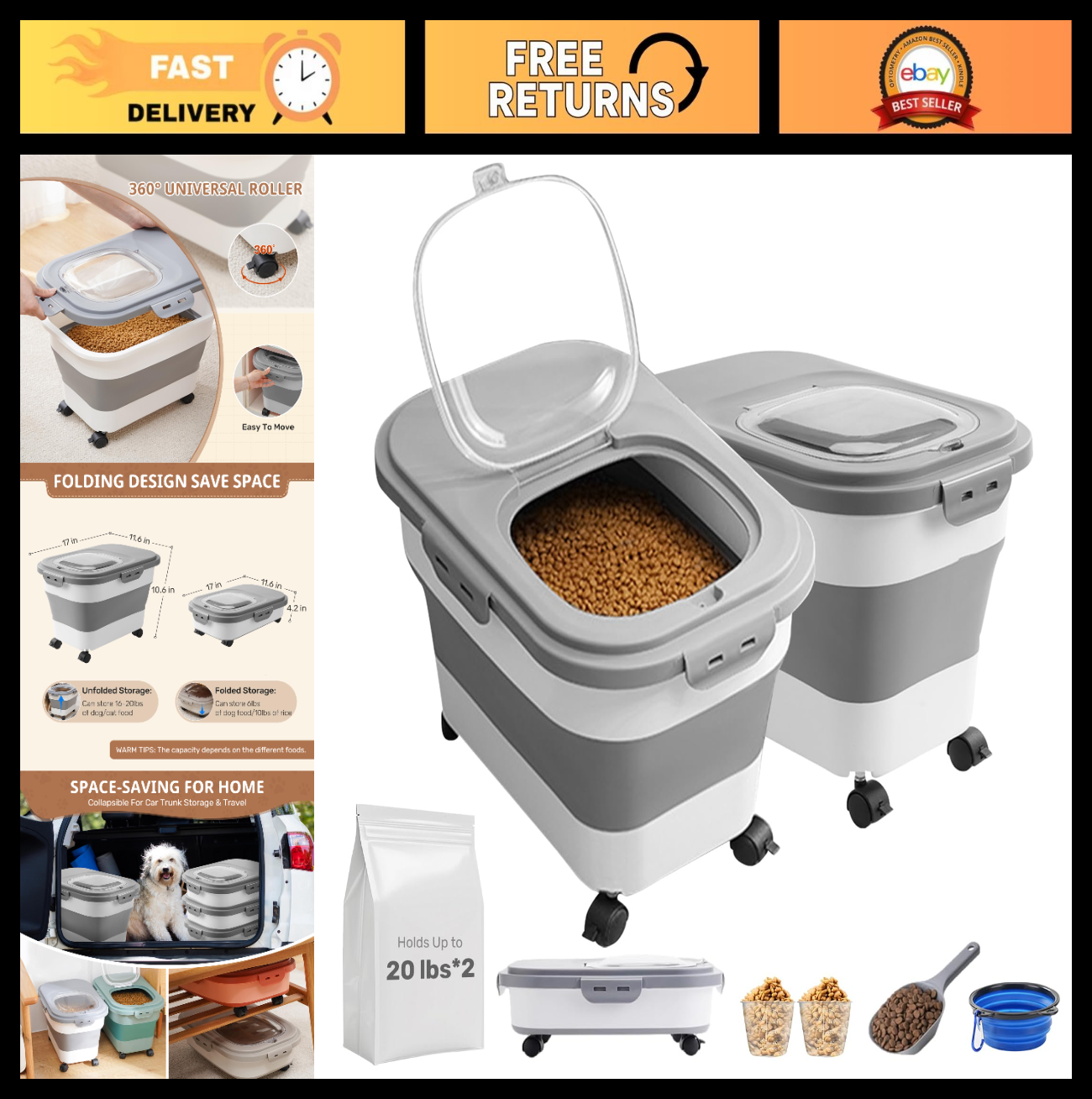 Collapsible Dog Food Storage Container 20LB - 2 Pack with Travel Bowl & Scoop, K0
