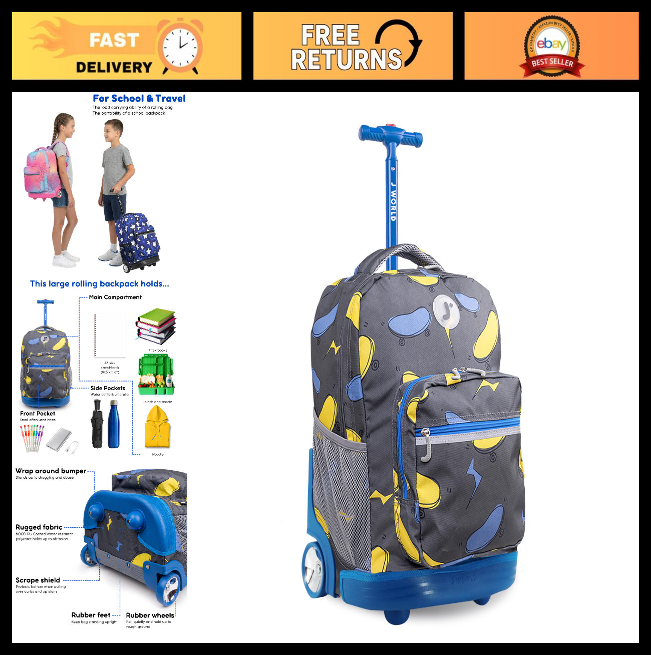 Kids Rolling Backpack with Wheels, Lightweight School Bookbag for Boys & Girls,0