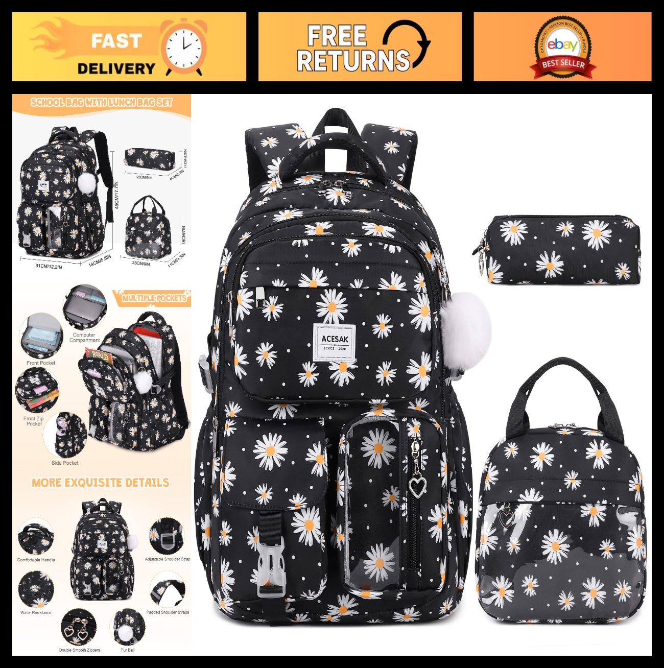 Stylish Girls Backpack with Lunch Bag & Pencil Pouch   Teen Kids Laptop Bookbag0
