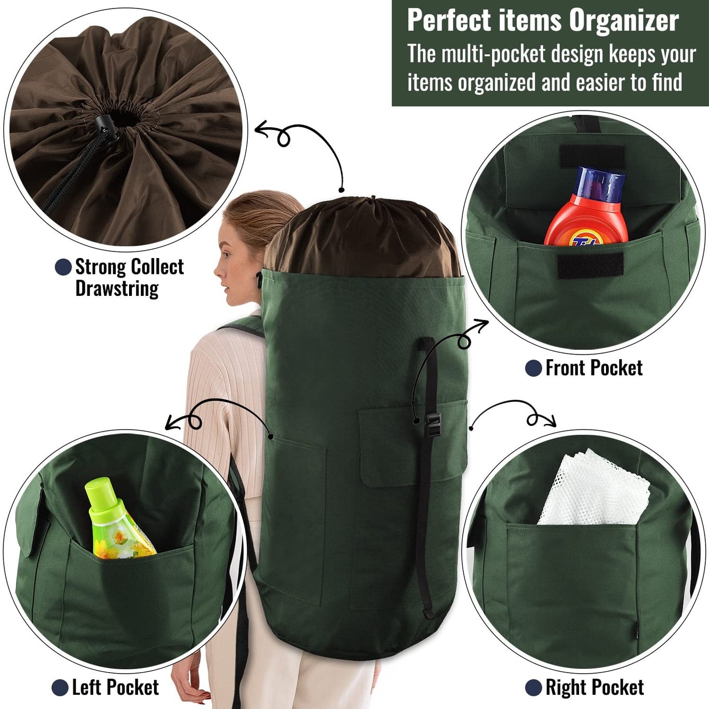 Extra Large Laundry Backpack 125L, Heavy Duty Hamper with Padded Straps & 3 Pock3