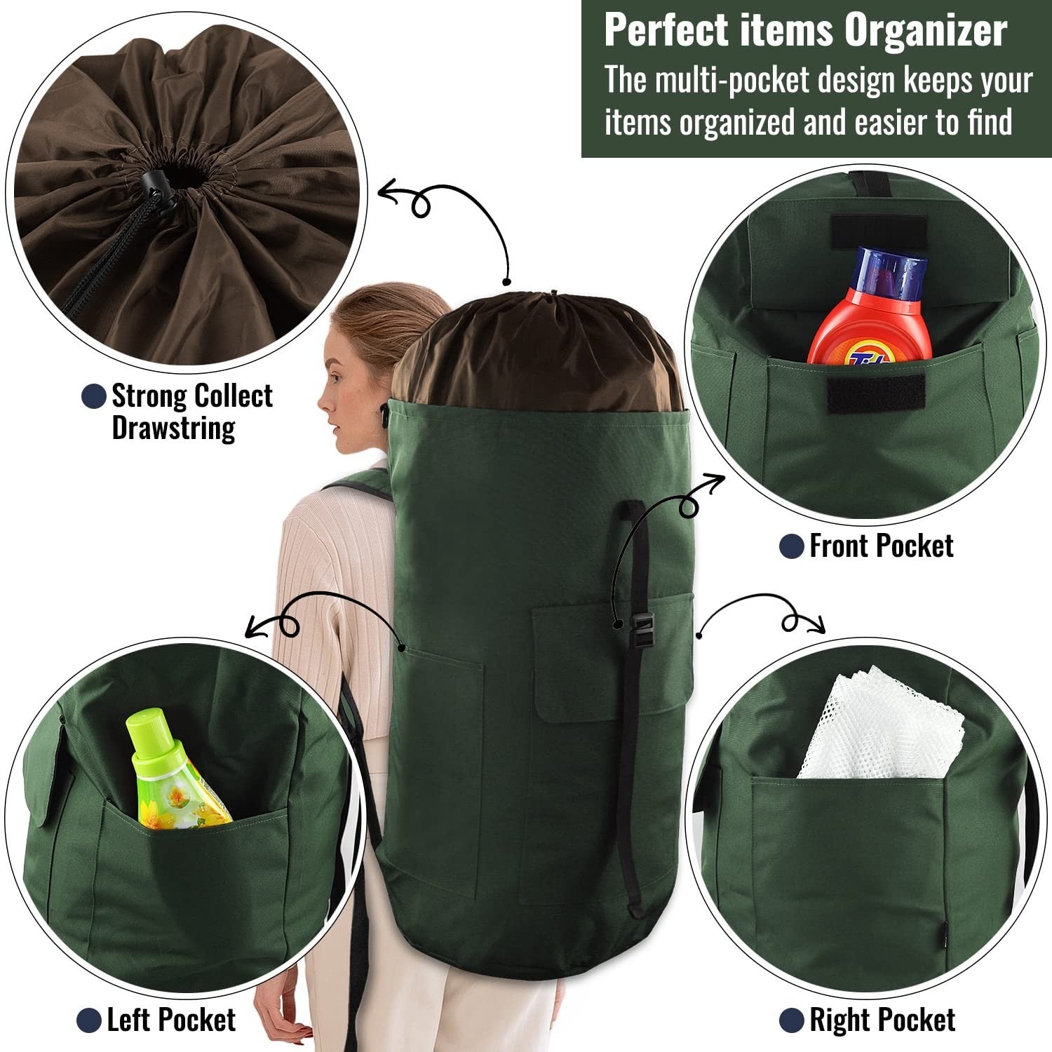 Extra Large Laundry Backpack 125L, Heavy Duty Hamper with Padded Straps & 3 Pock3