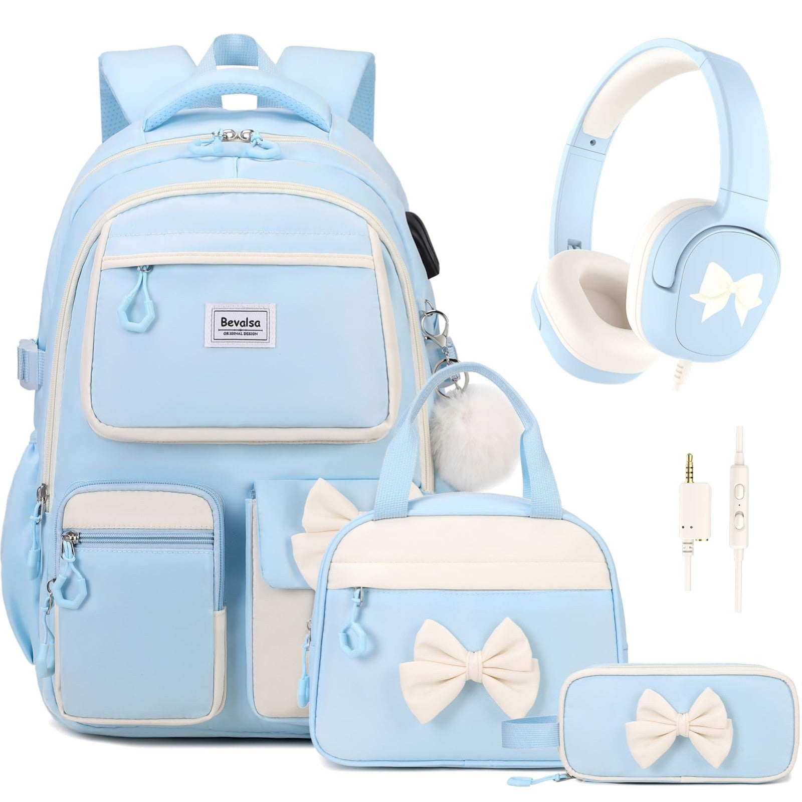 Cute Bow School Backpack for Girls, Includes Lunch Bag & Pen Case, Stylish Schoo1