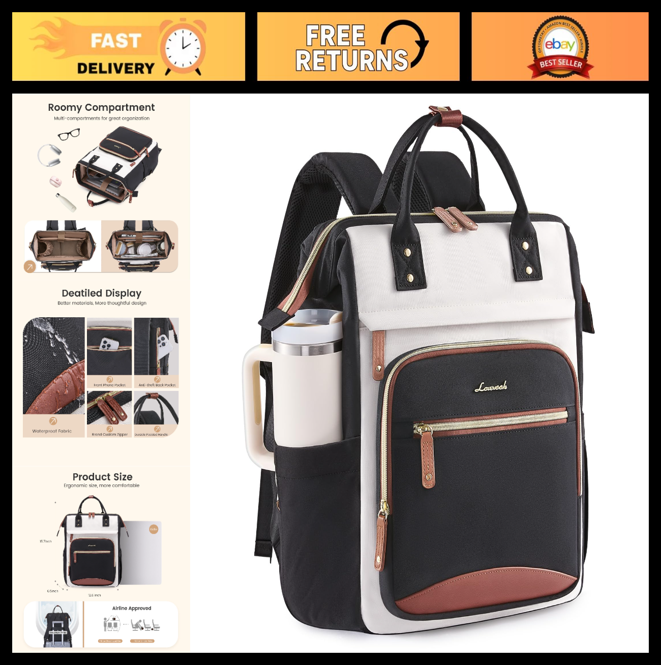 Stylish 15.6" Laptop Backpack for Women, Waterproof Travel Bag, Large Capacity,0