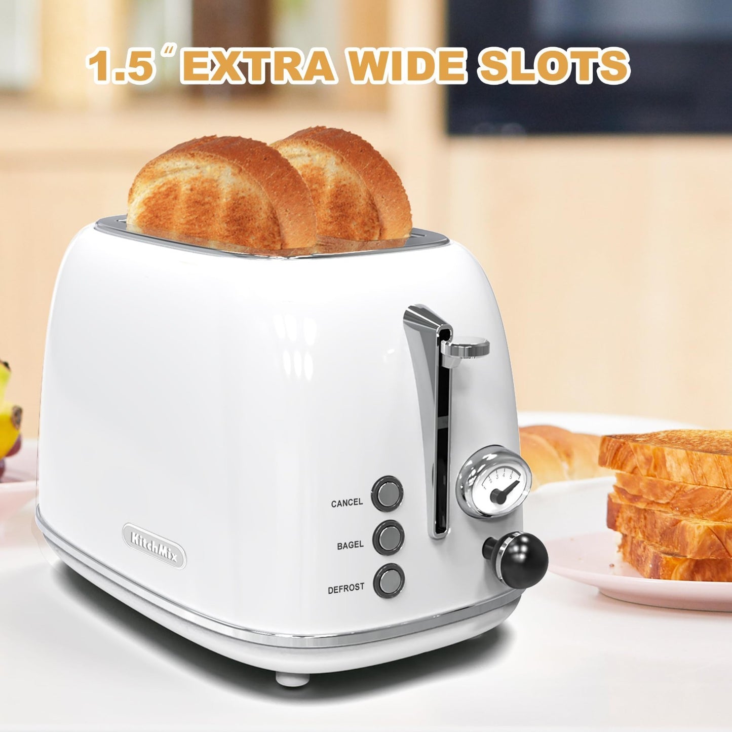 Retro Stainless Steel 2 Slice Toaster, 6 Settings, Extra Wide Slots, Bagel/Defro2