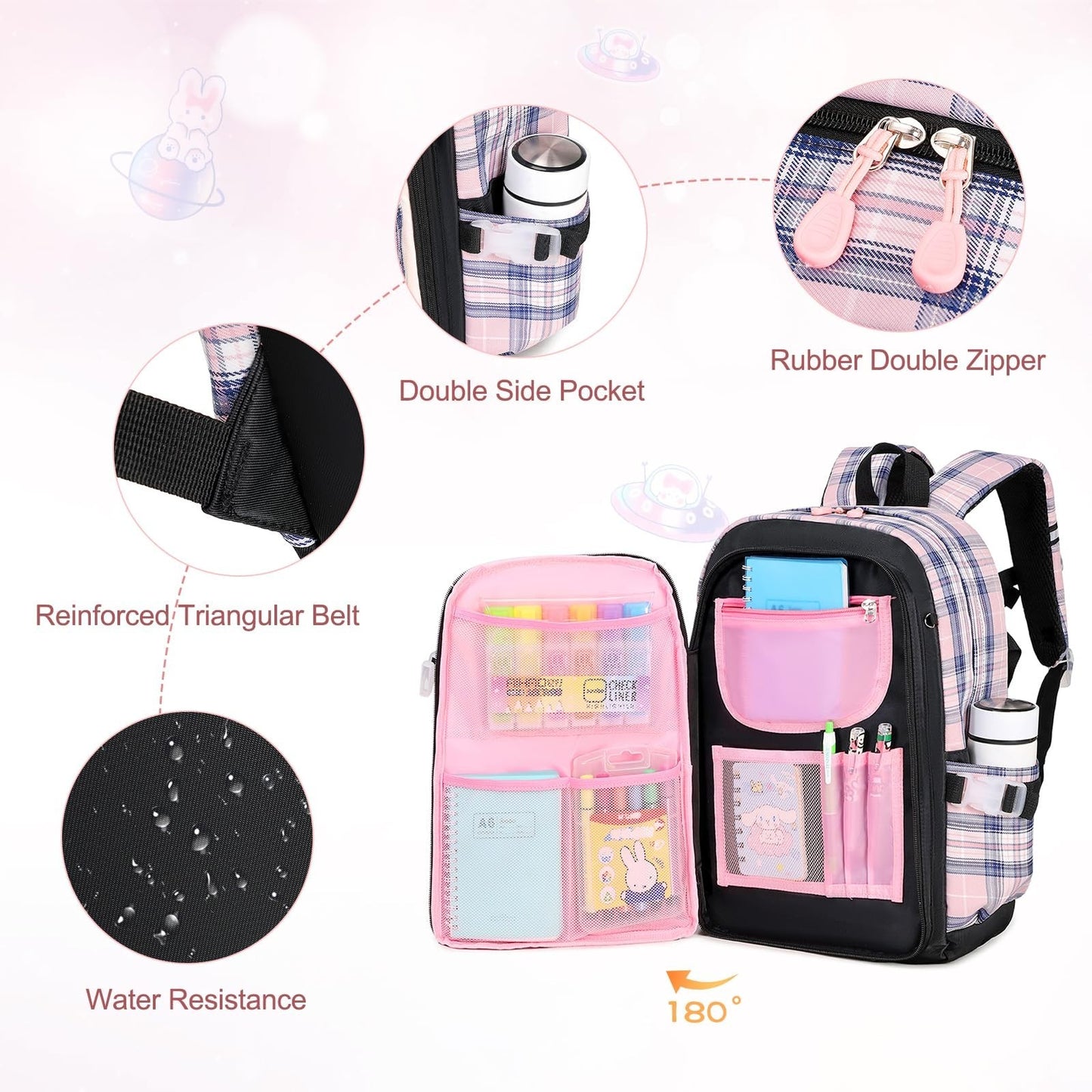 Kawaii Bunny Girls Backpack Set 3PCS   School Bag with Lunch Box & Pencil Case,4
