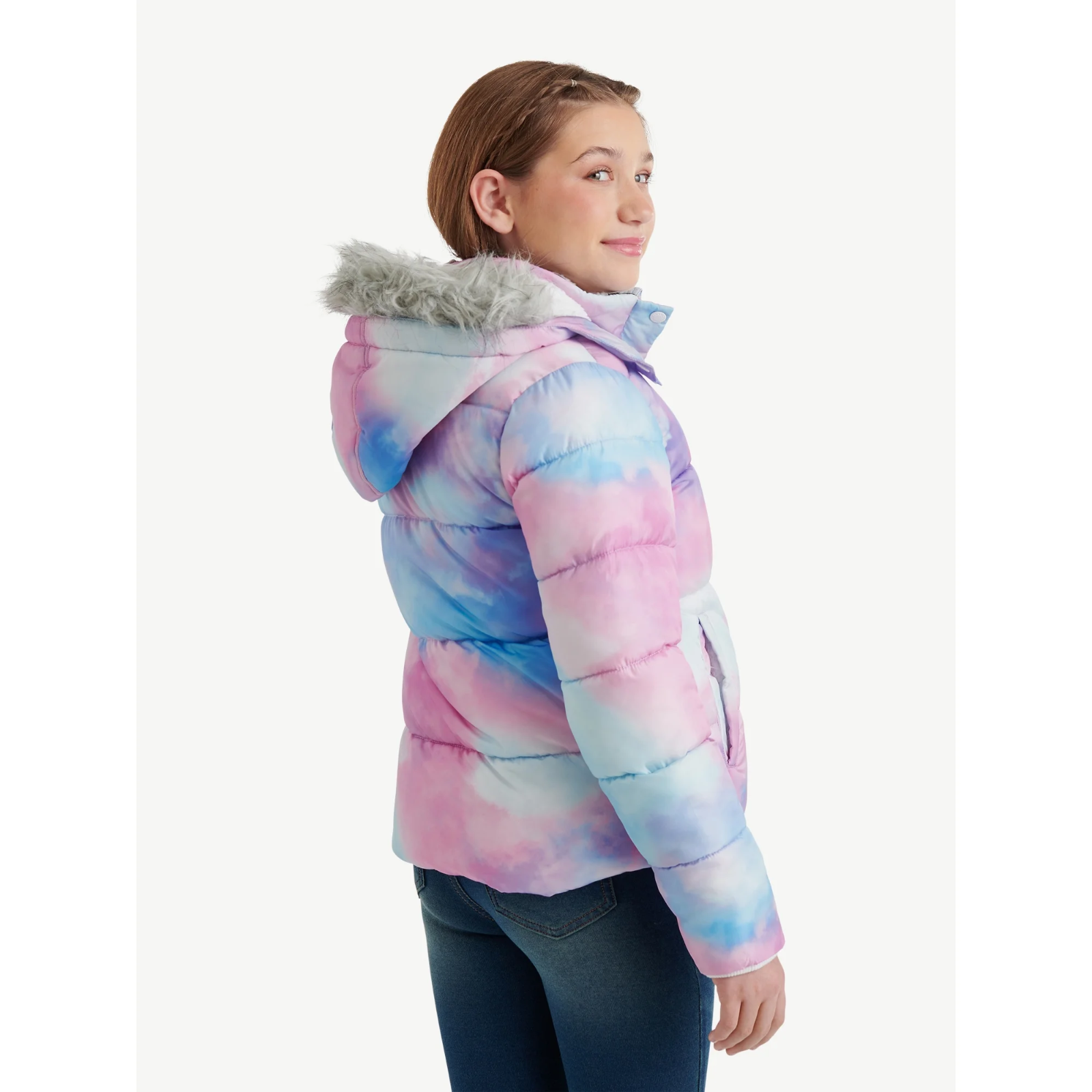 Justice Girls Puffer Jacket with Faux Fur Lined Hood-Ombre -XL (16/18)-NWT1