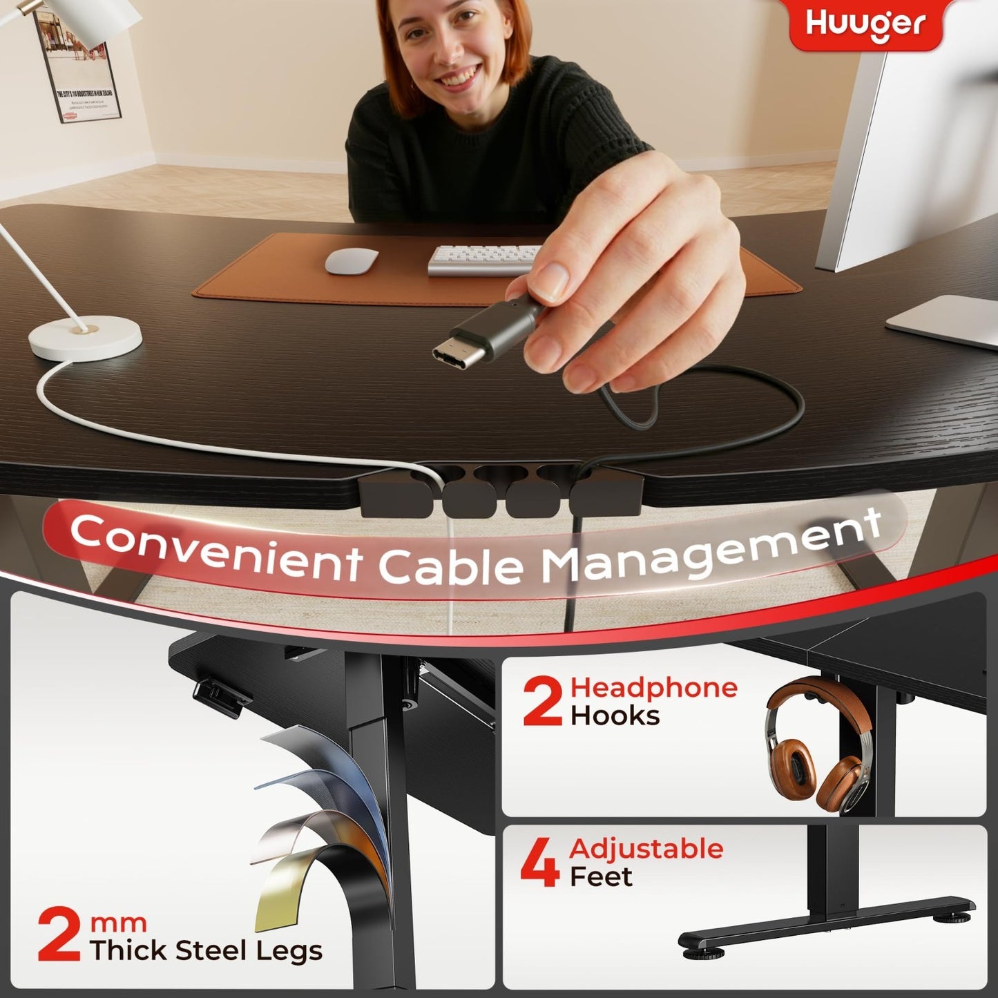 Height Adjustable Electric Standing Desk with USB-C & Power Outlets, 47x24" - Si5