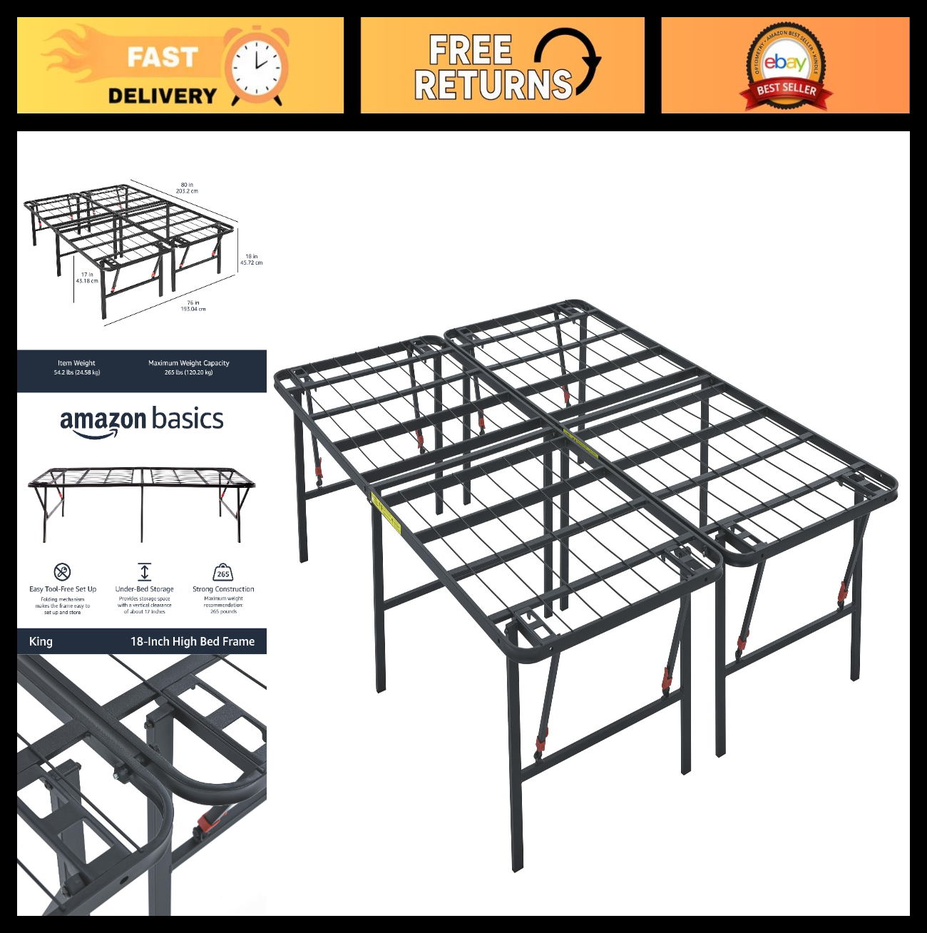 Foldable Metal Platform Bed Frame   King Size, Sturdy Steel, 18" High, No Box Sp0