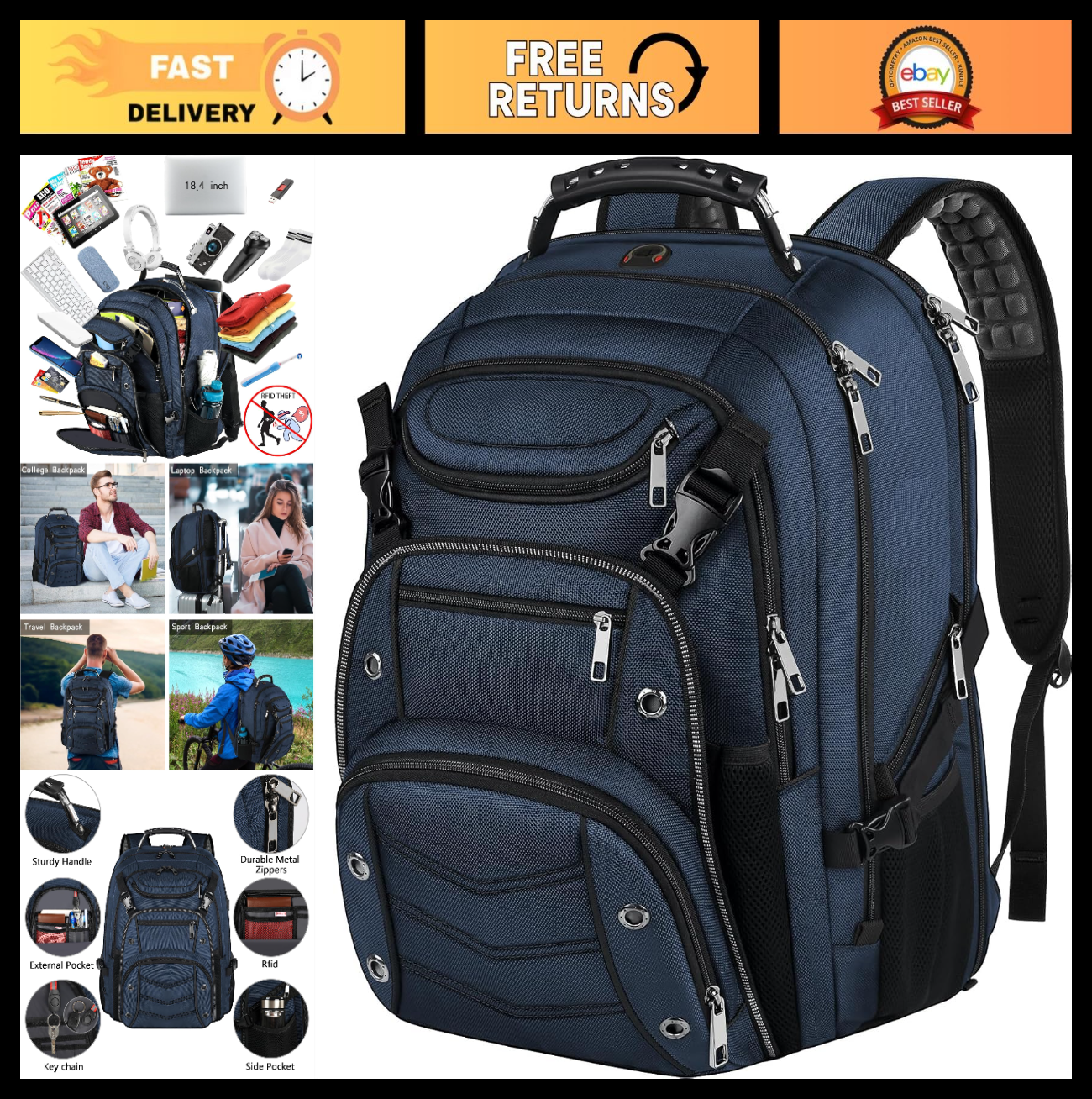 Extra Large 60L Laptop Backpack, TSA Friendly, RFID Anti Theft, Heavy Duty, Blue0