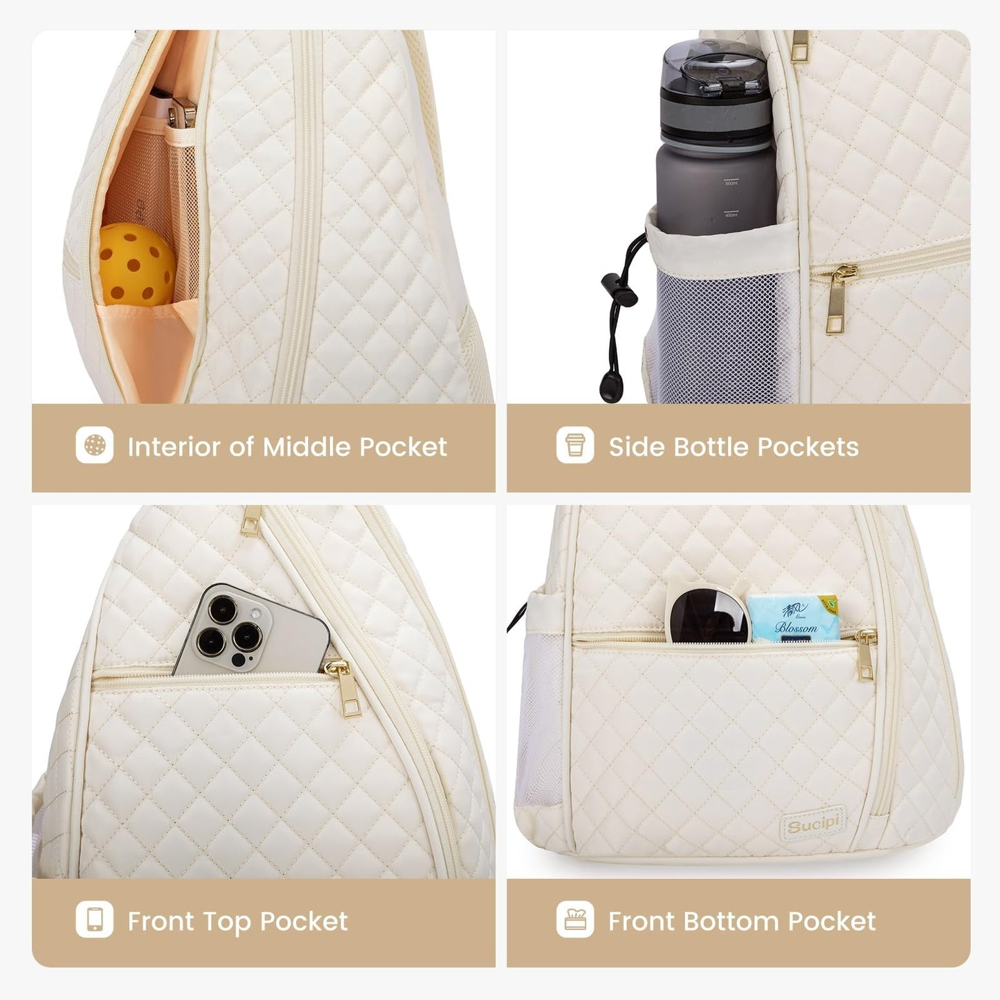 Quilted Women's Pickleball Backpack - Crossbody Sling Bag for Tennis & Paddle3