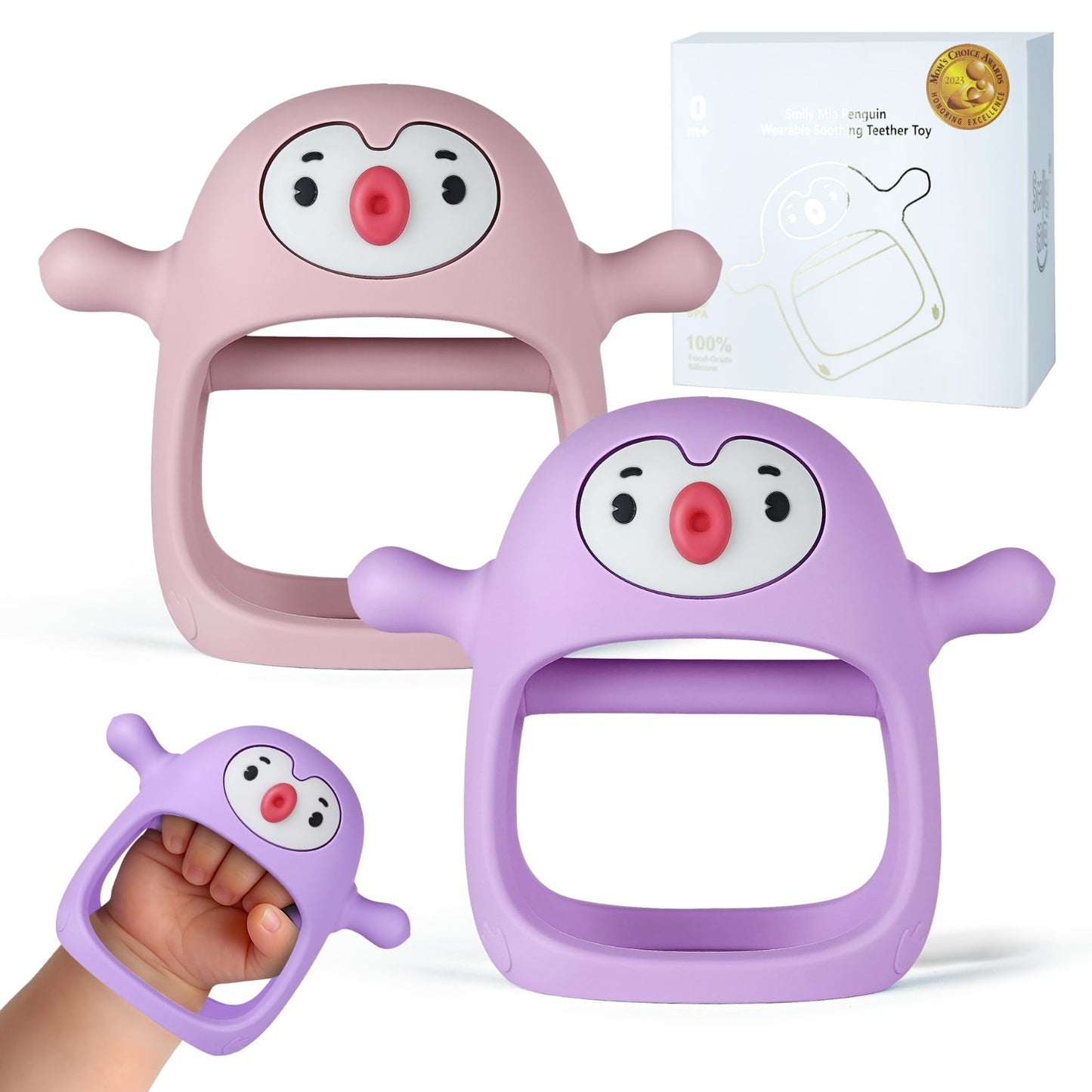 2 Pack Penguin Baby Teether Toys, Silicone Teething Mittens for 0 6 Months, Perf1