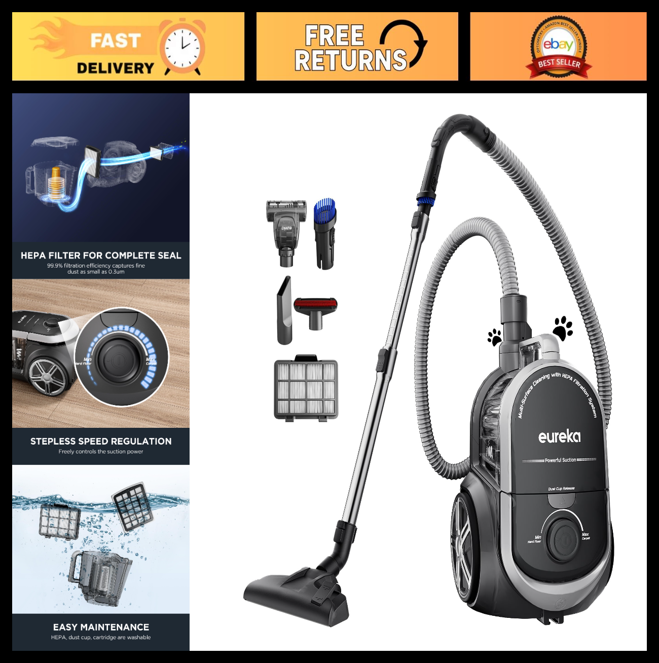 Lightweight Bagless Canister Vacuum Cleaner for Hardwood & Carpet, HEPA, Auto Co0