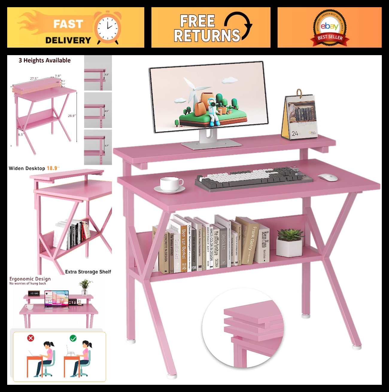 Compact 27.5" Computer Desk with Adjustable Monitor Stand & Storage - Pink Study0