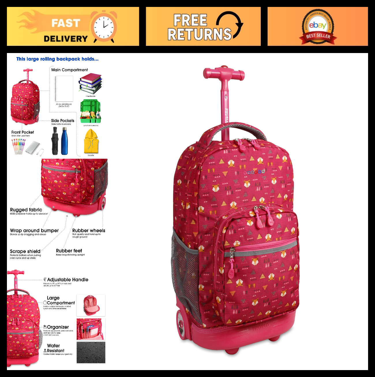 Kids Rolling Backpack with Wheels, 18" School Bookbag for Girls & Boys, Fox Desi0