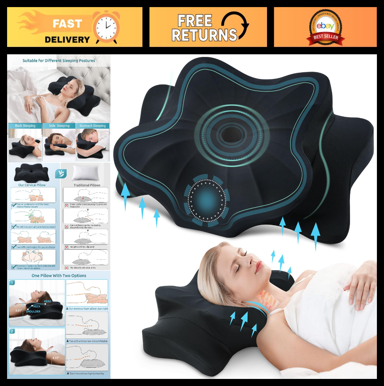 Cervical Memory Foam Pillow for Neck & Shoulder Pain Relief, Cooling Ergonomic S0