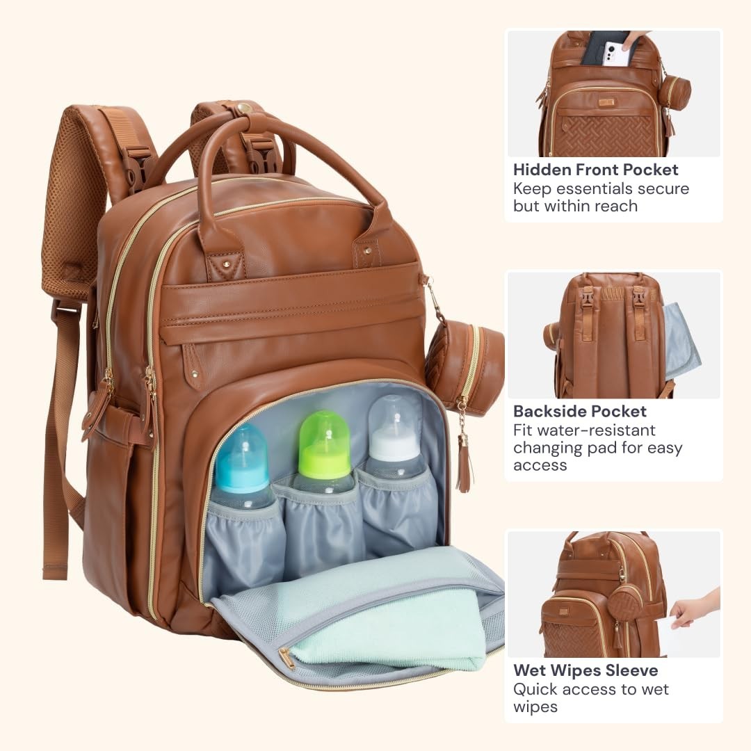 Leather Diaper Bag Backpack   Multi Function Baby Travel Bag, Water Resistant, C6