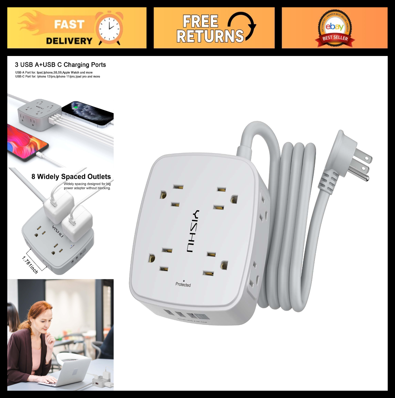 6ft Surge Protector Power Strip, 8 Outlets & 4 USB Ports, Flat Plug, Wall Mount,0