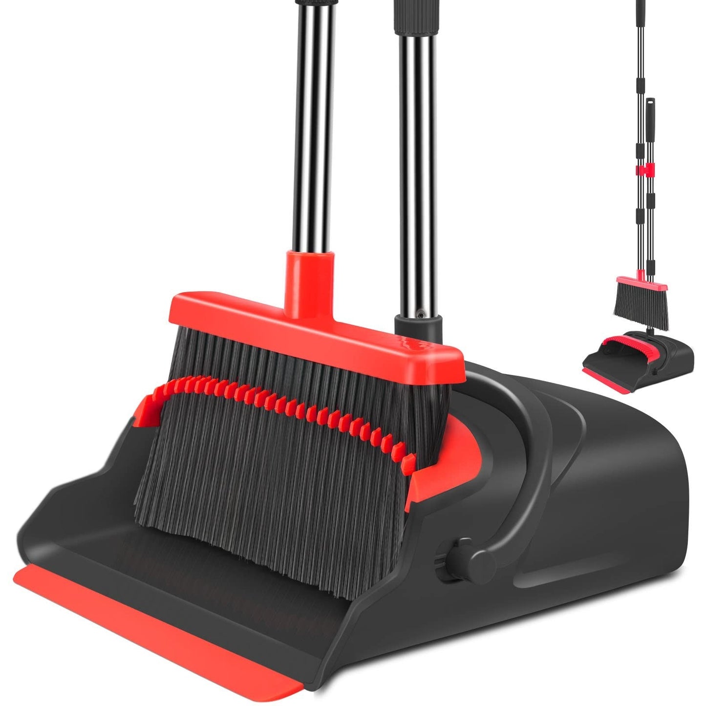 Large Broom and Dustpan Set, Long Handle Combo for Indoor/Outdoor Use, Black & R1