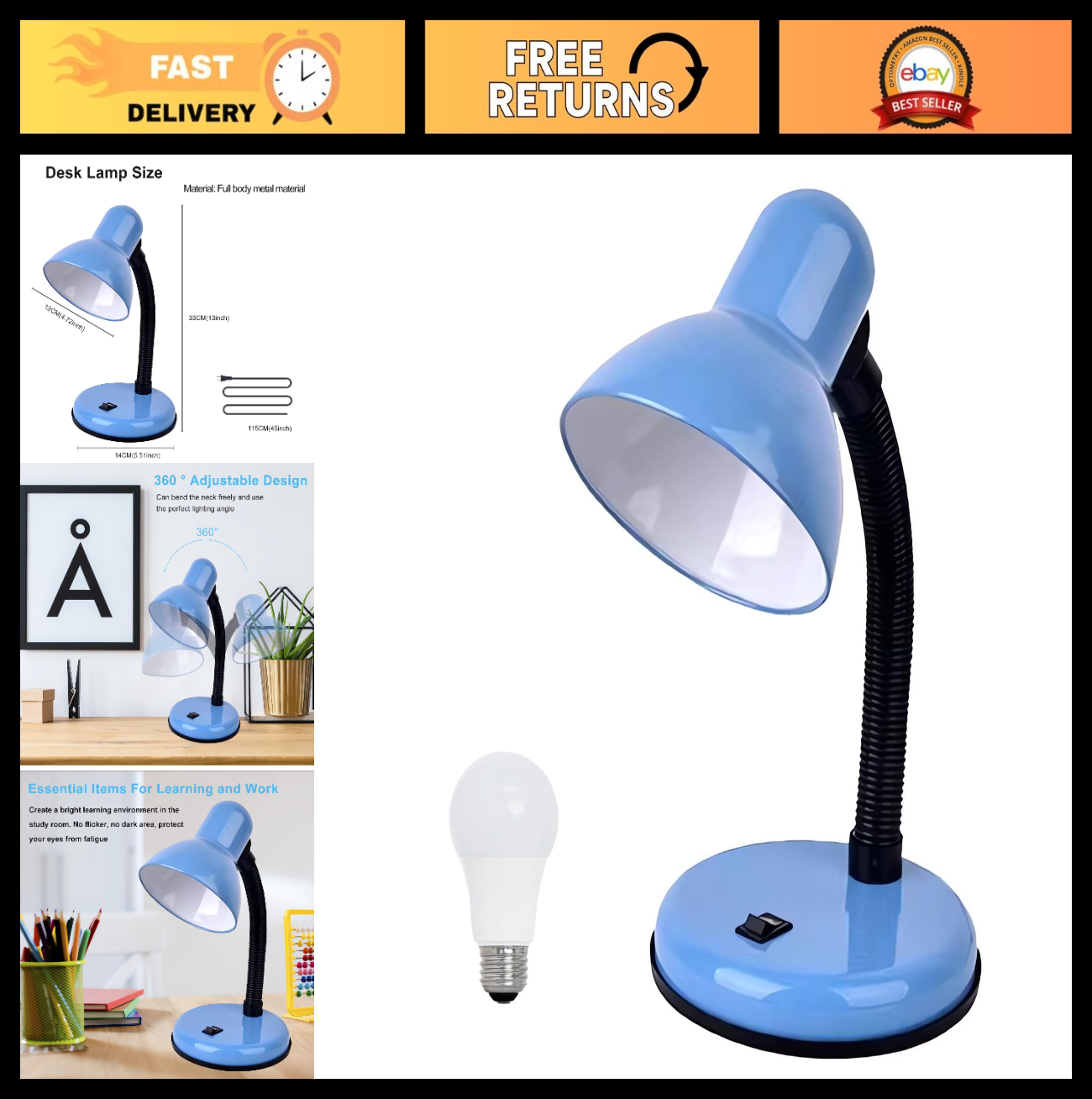 Flexible Gooseneck Desk Lamp with LED Bulb, 6000K Metal Table Lamp for Office &0