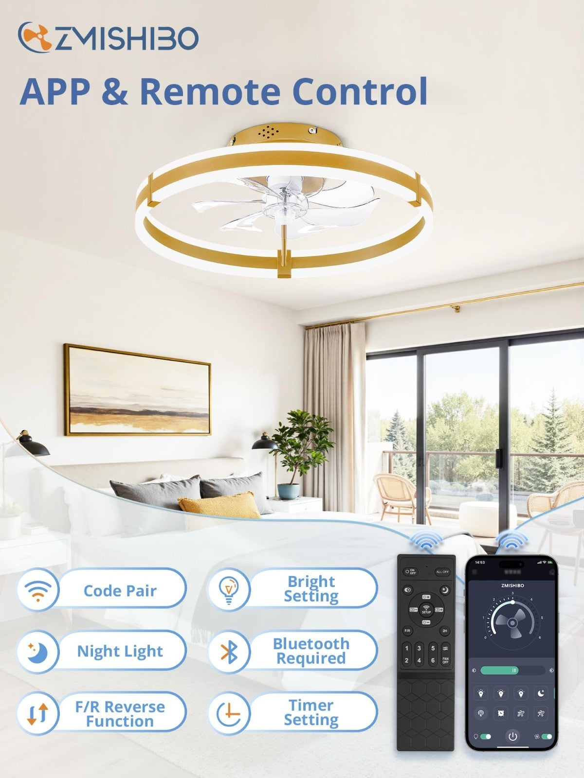 Low Profile Ceiling Fan with Lights & Remote, Dimmable LED, 6 Speeds, Gold Fande4