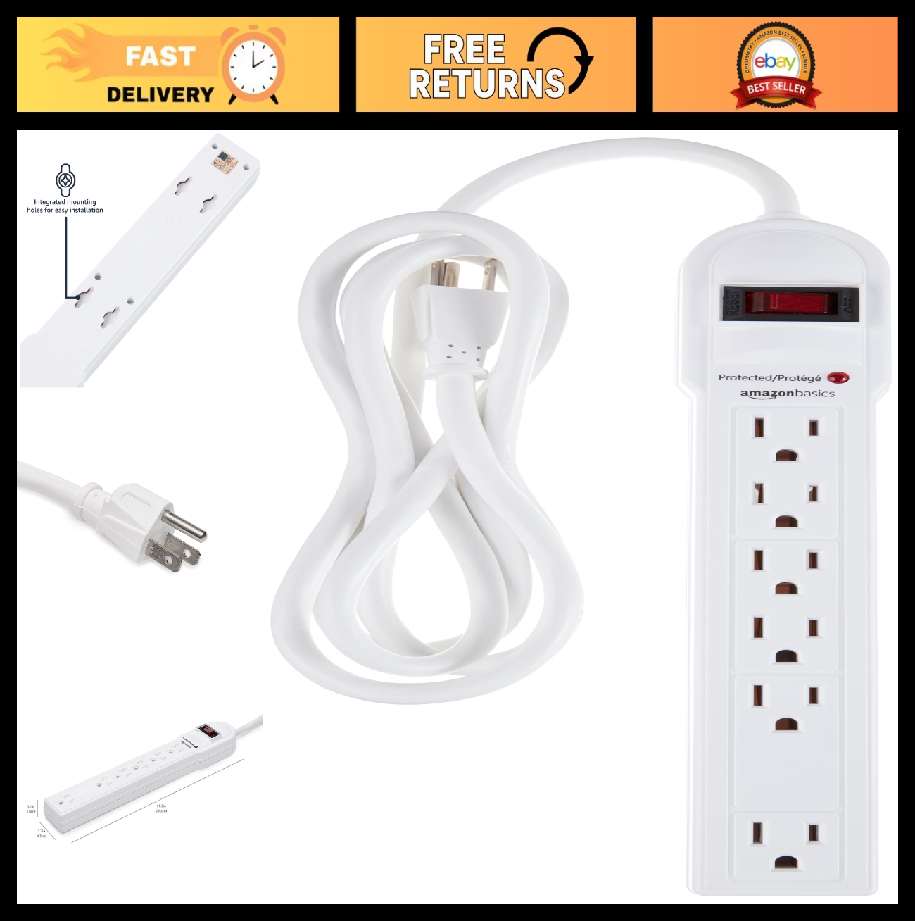 Surge Protector Power Strip 6 Outlet, 790 Joules, Circuit Breaker, 6ft Cord0